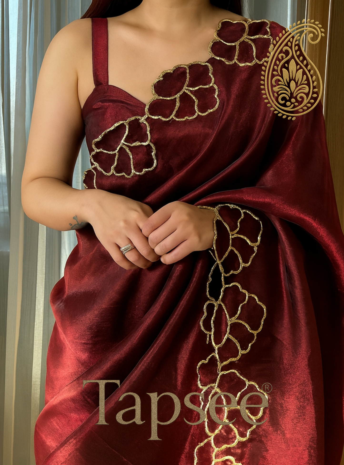 Wine Red Jimmychho Silk Saree