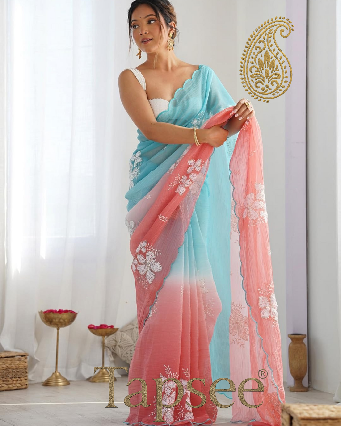 Aqua Blue & Coral Pink Ombre Saree with White Floral Sequin Work