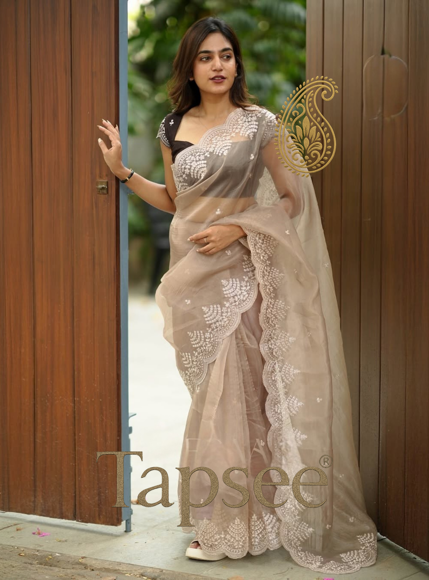 Mocha Elegance Embroidered Saree
