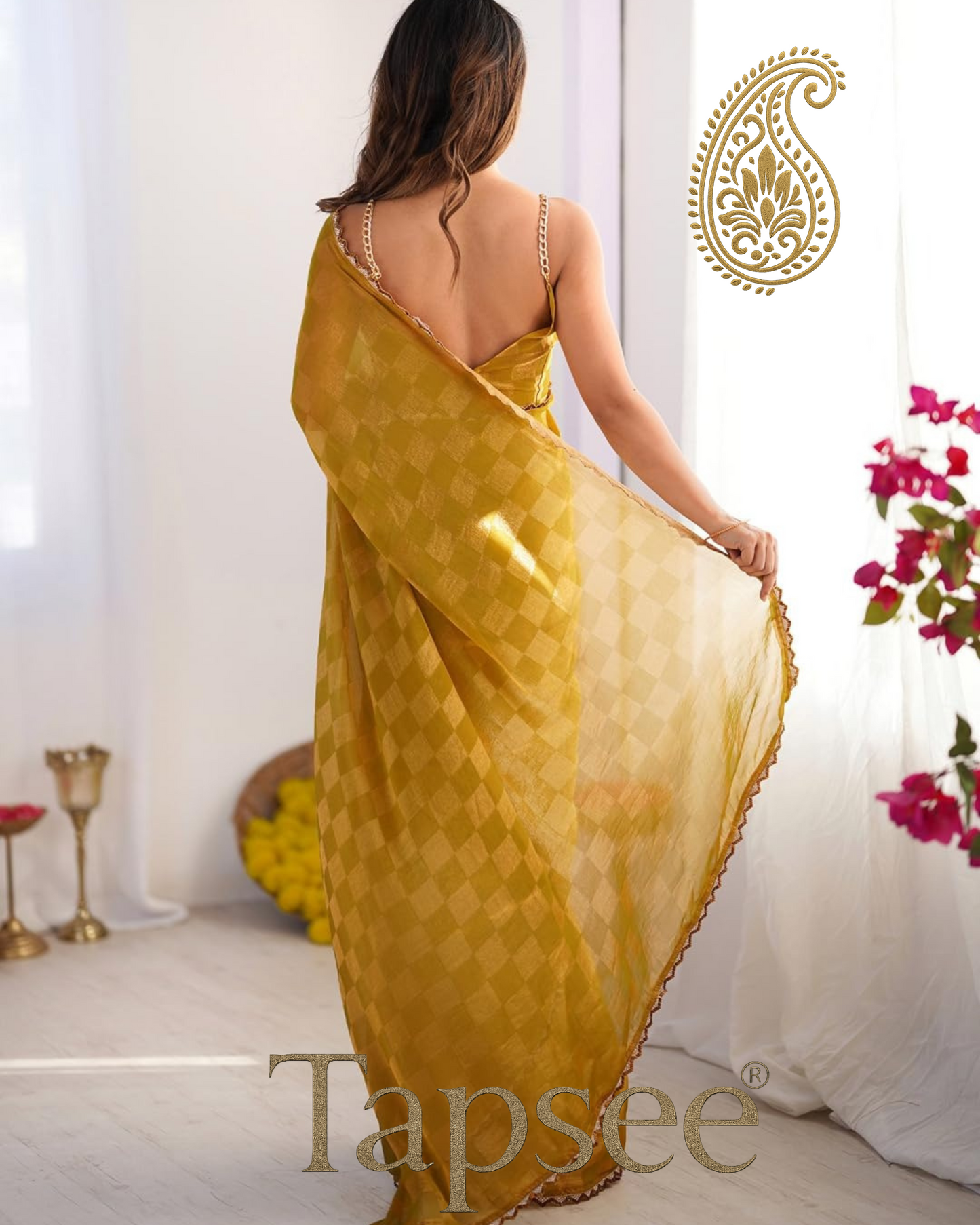 Mustard Gold Checks Jimmy Chho Embosh Saree
