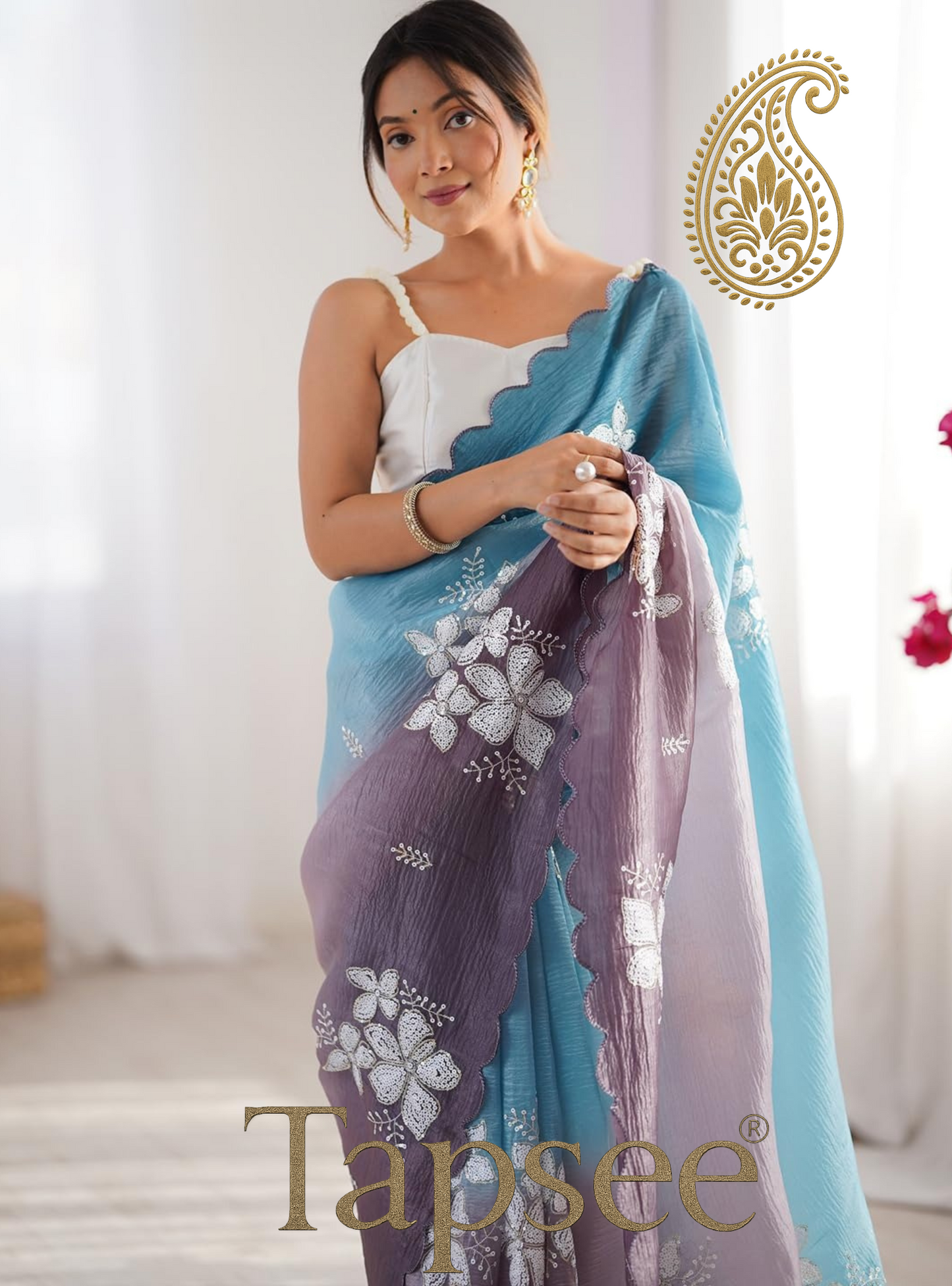 Sky Blue & Lavender Ombre Floral Embroidered Saree