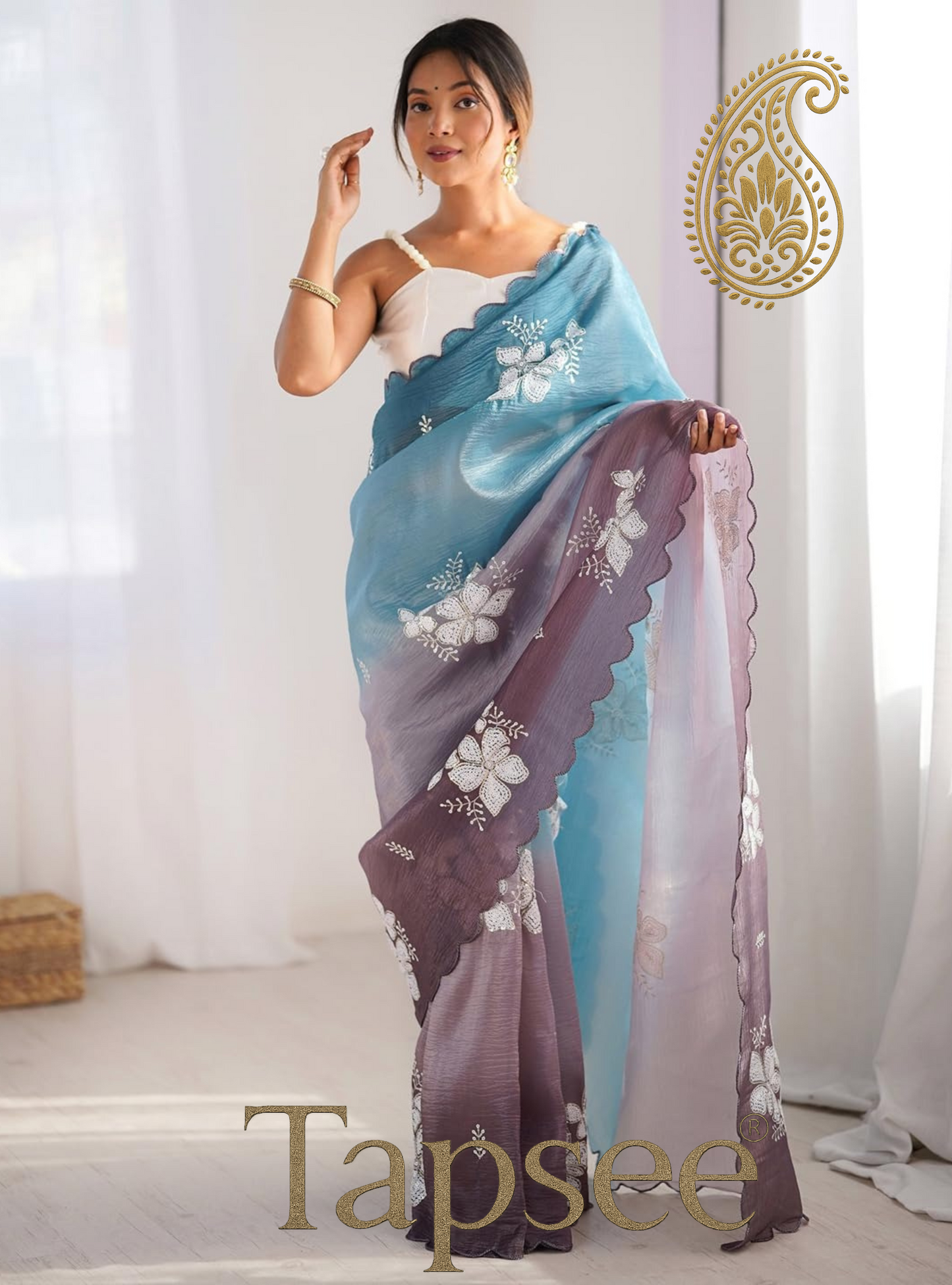 Sky Blue & Lavender Ombre Floral Embroidered Saree
