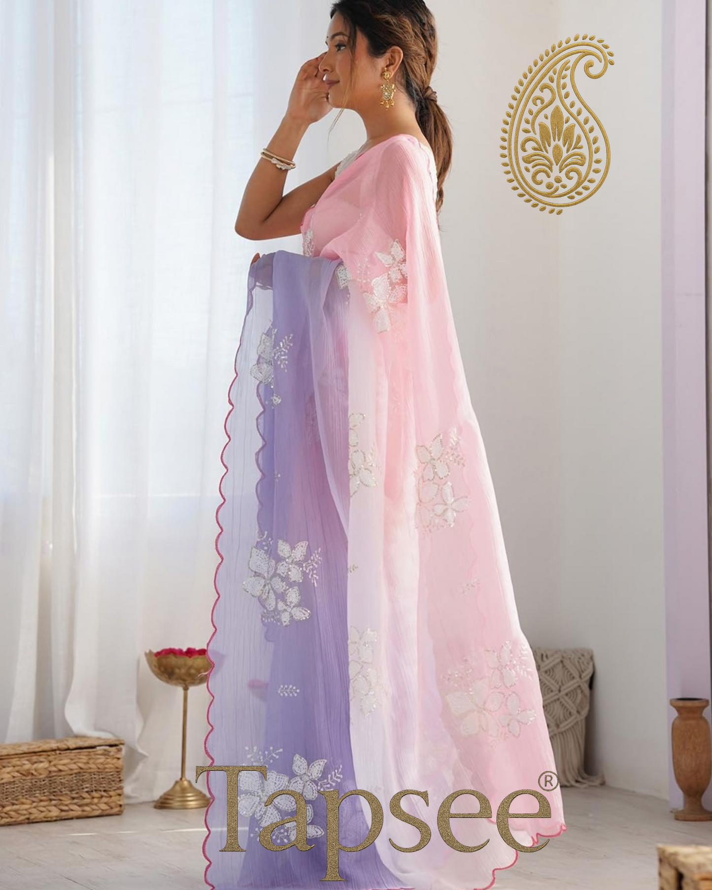 Baby Pink & Lavender Ombre Saree with White Floral Sequin Work