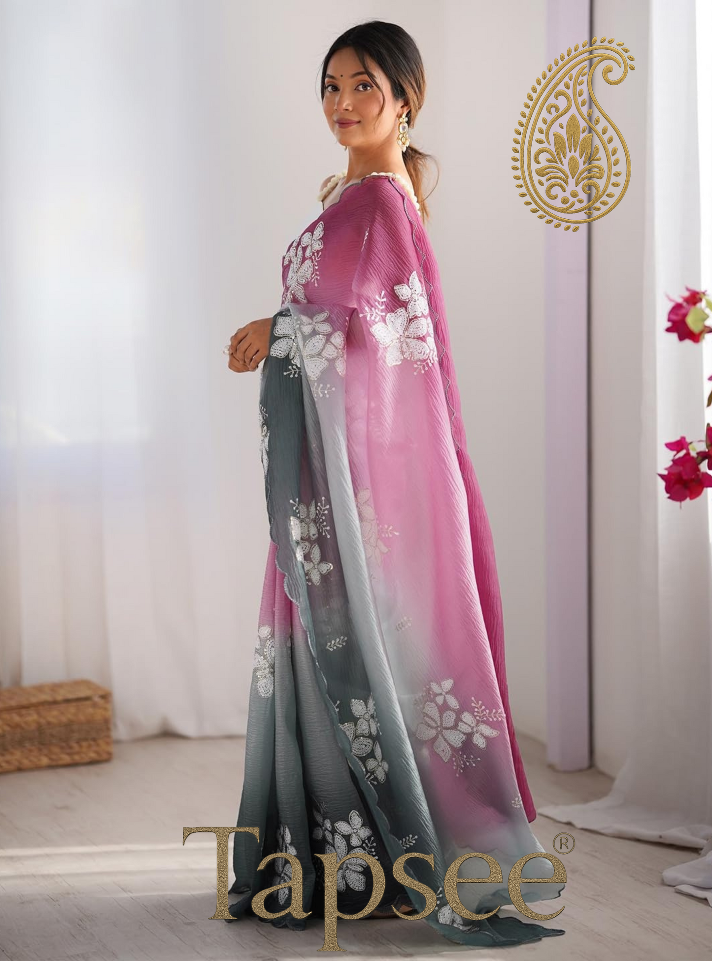 Pink & Teal Ombre Floral Embroidered Saree