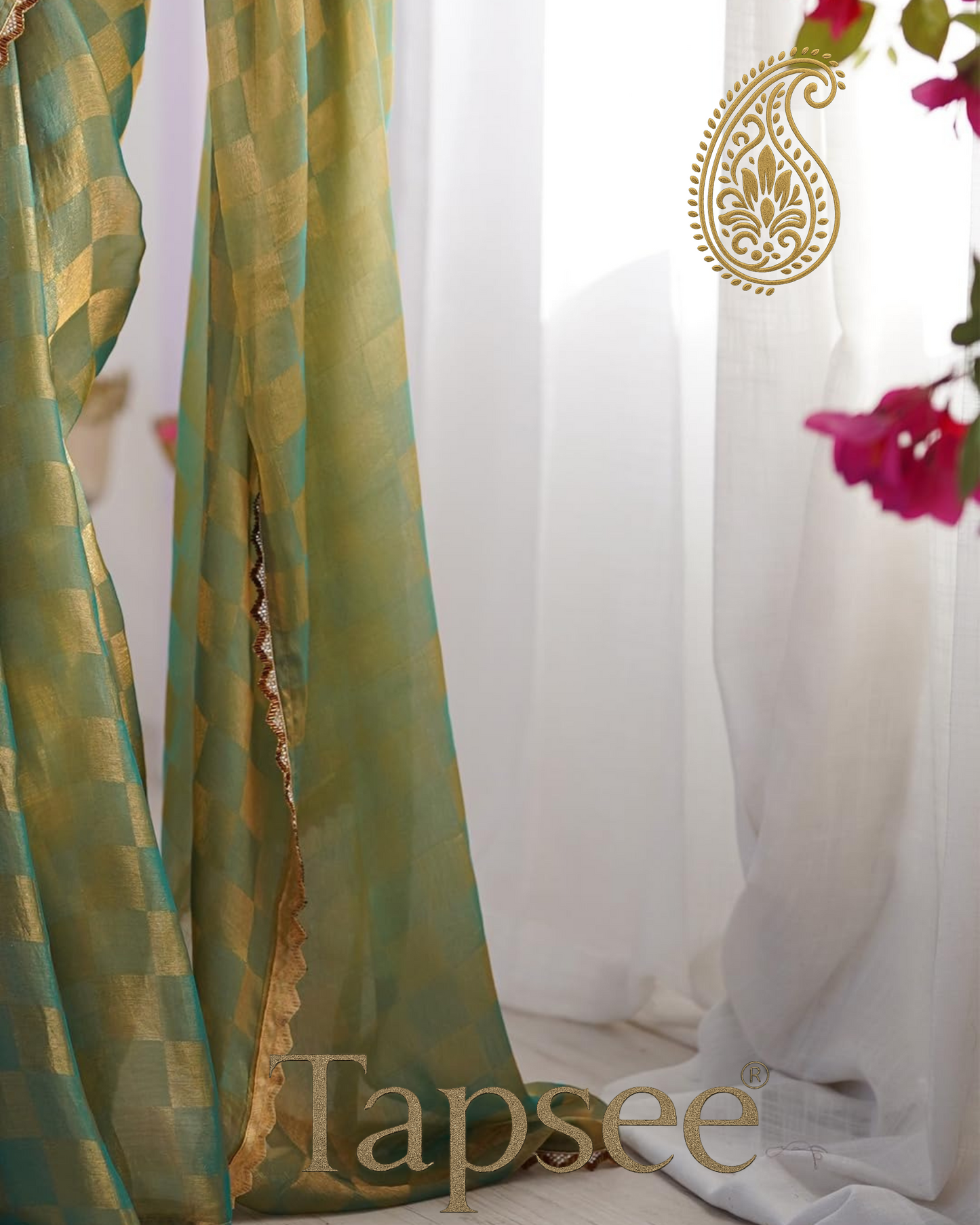 Emerald Gold Checks Jimmy Chho Embosh Saree