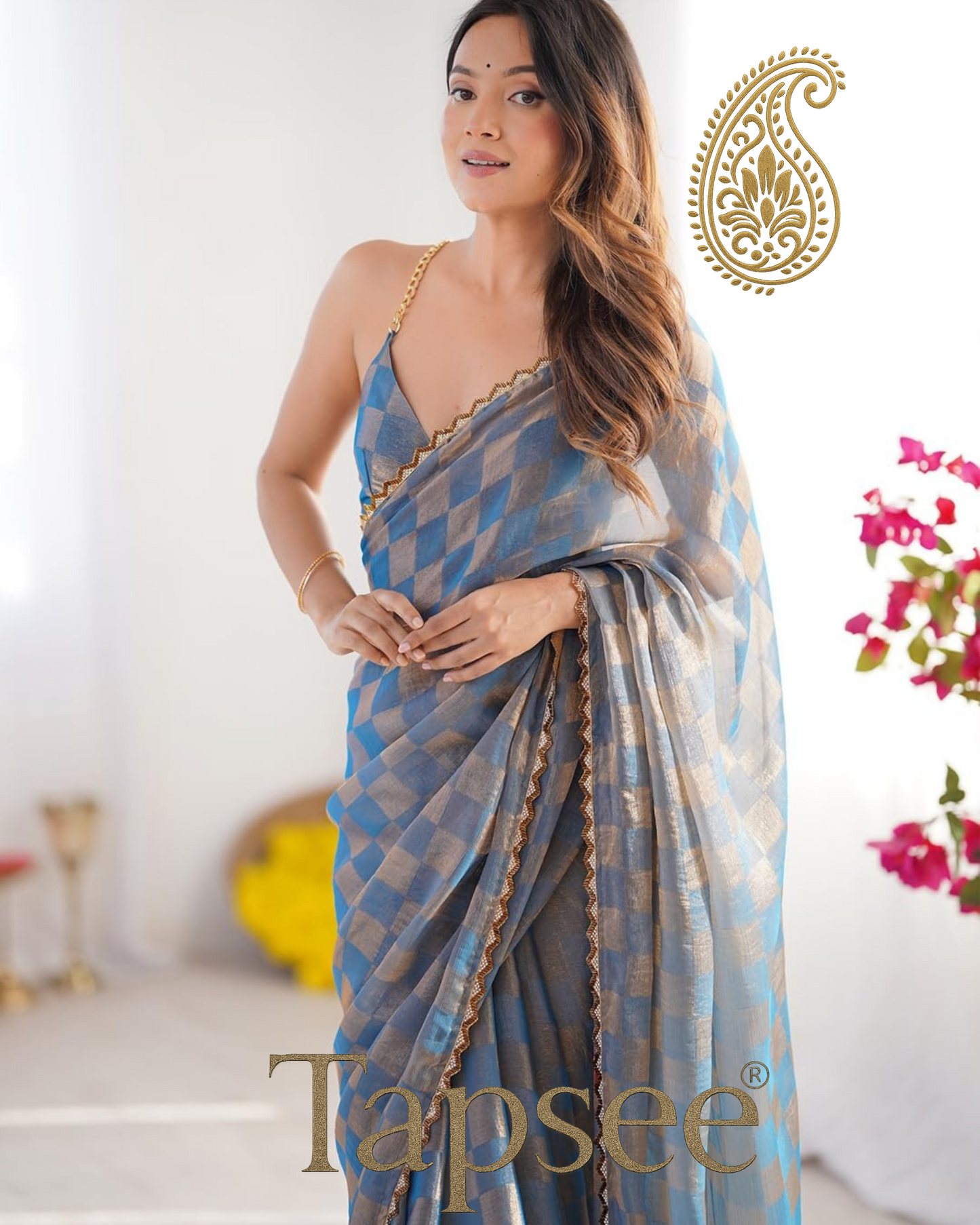 Sapphire Gold Checks Jimmy Chho Embosh Saree