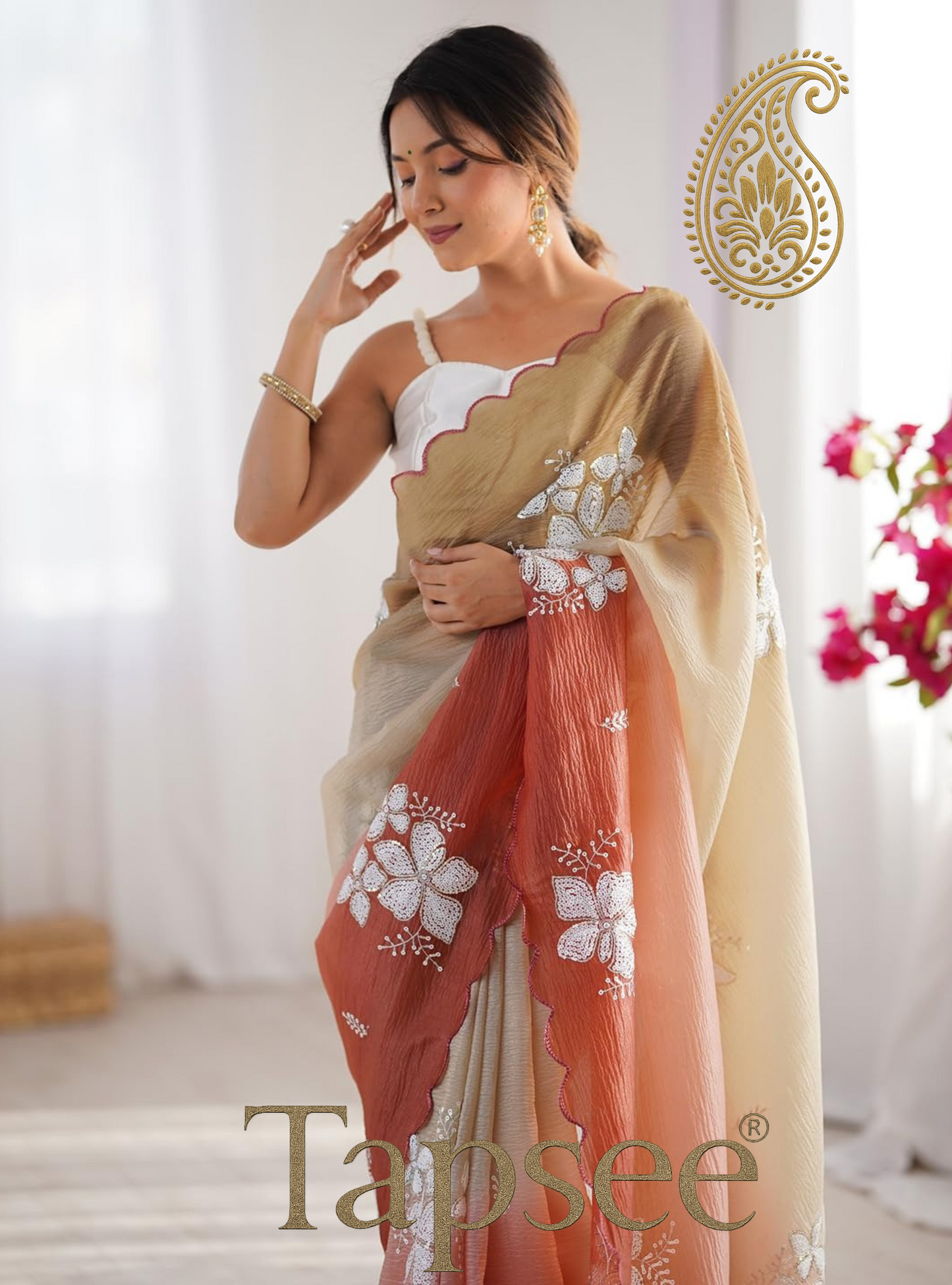 Beige & Rust Ombre Floral Embroidered Saree