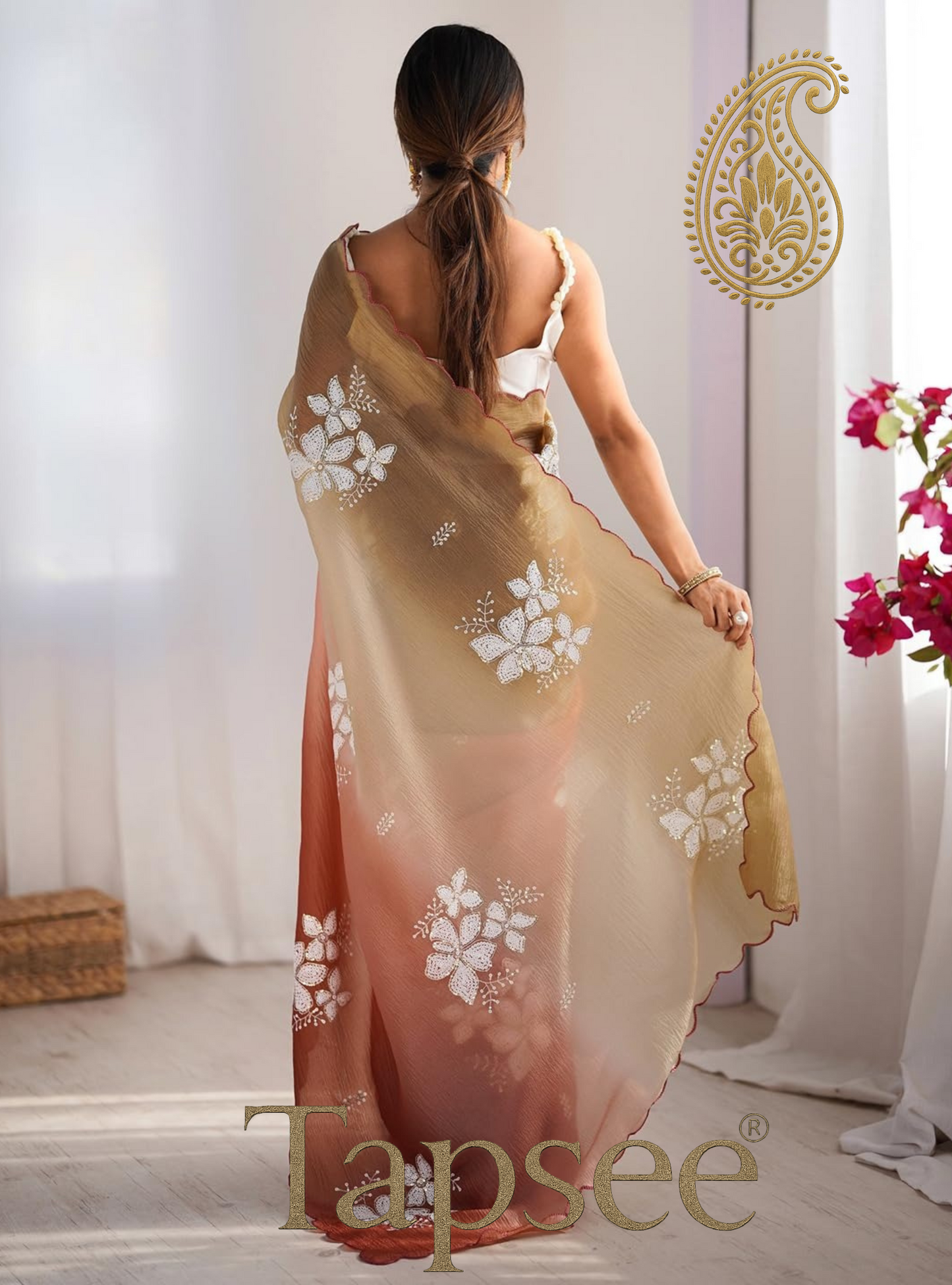 Beige & Rust Ombre Floral Embroidered Saree