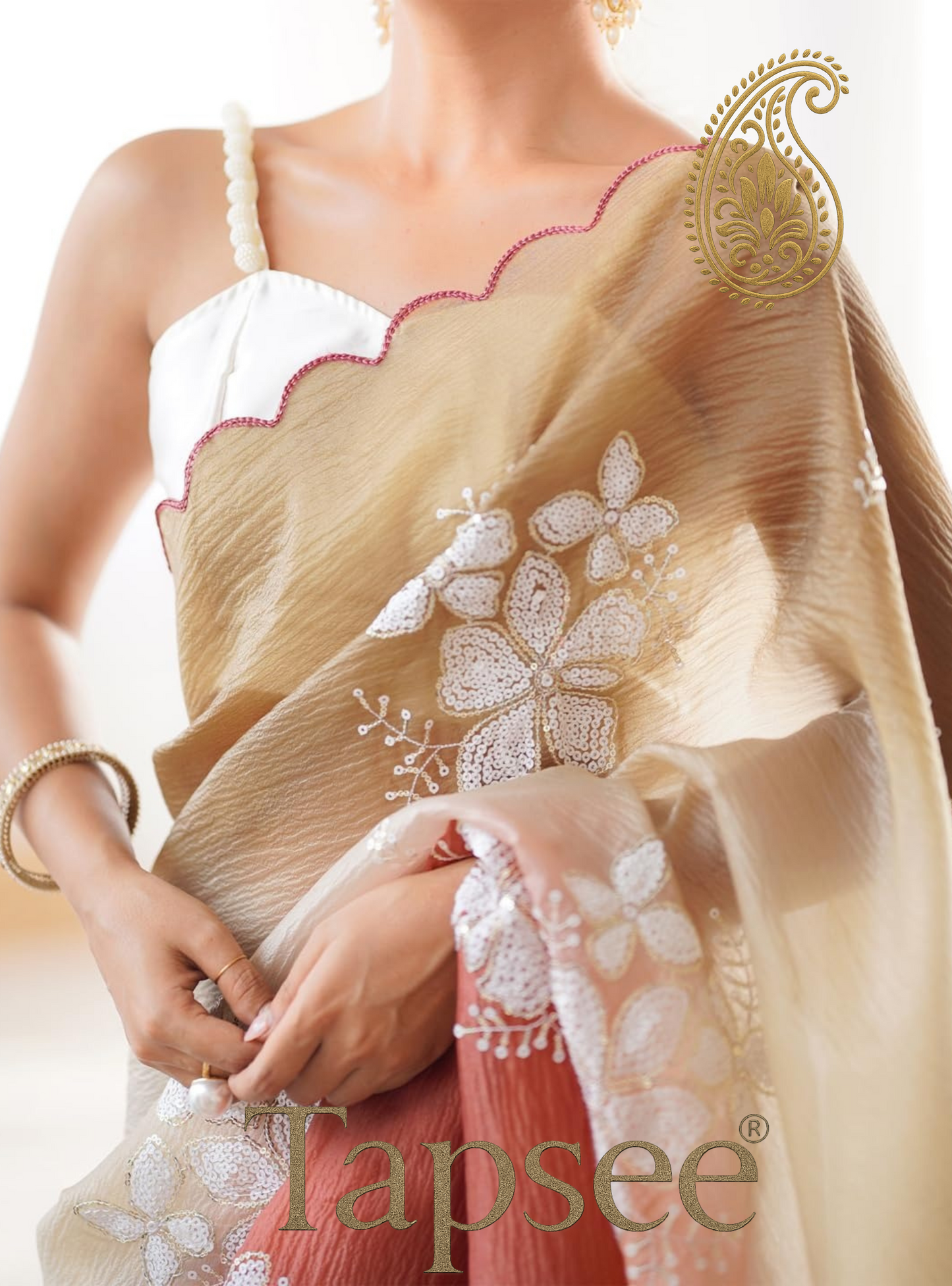 Beige & Rust Ombre Floral Embroidered Saree