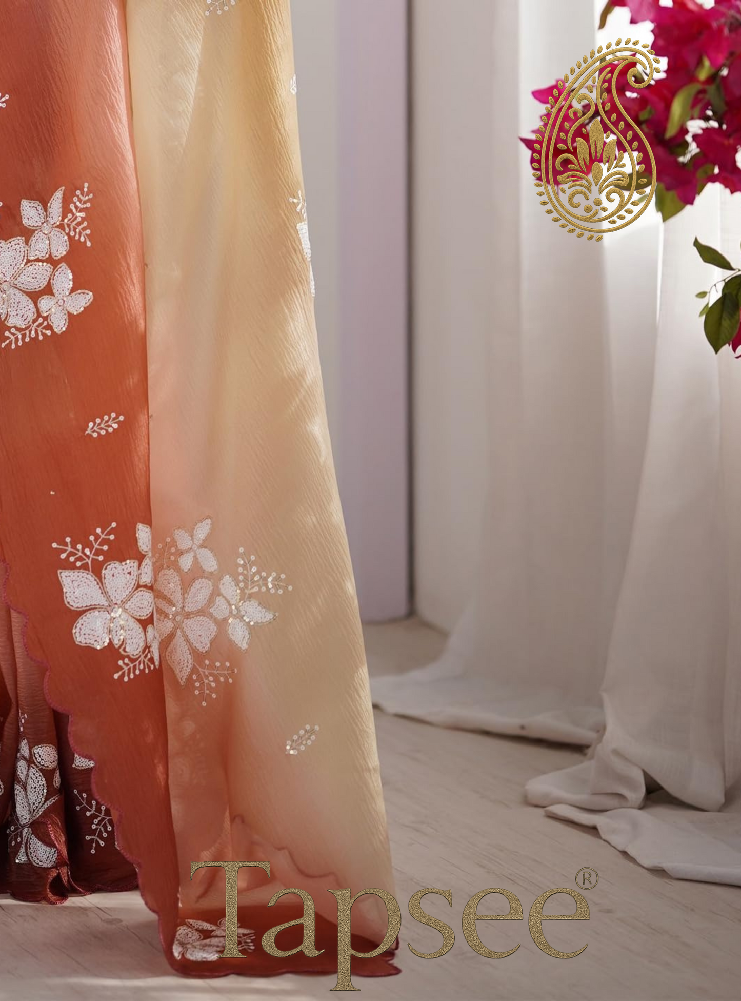Beige & Rust Ombre Floral Embroidered Saree