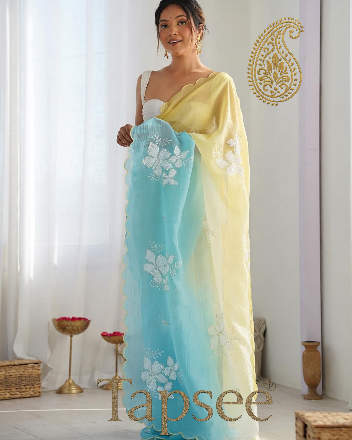 Yellow & Aqua Blue Ombre Saree with White Floral Sequin Work