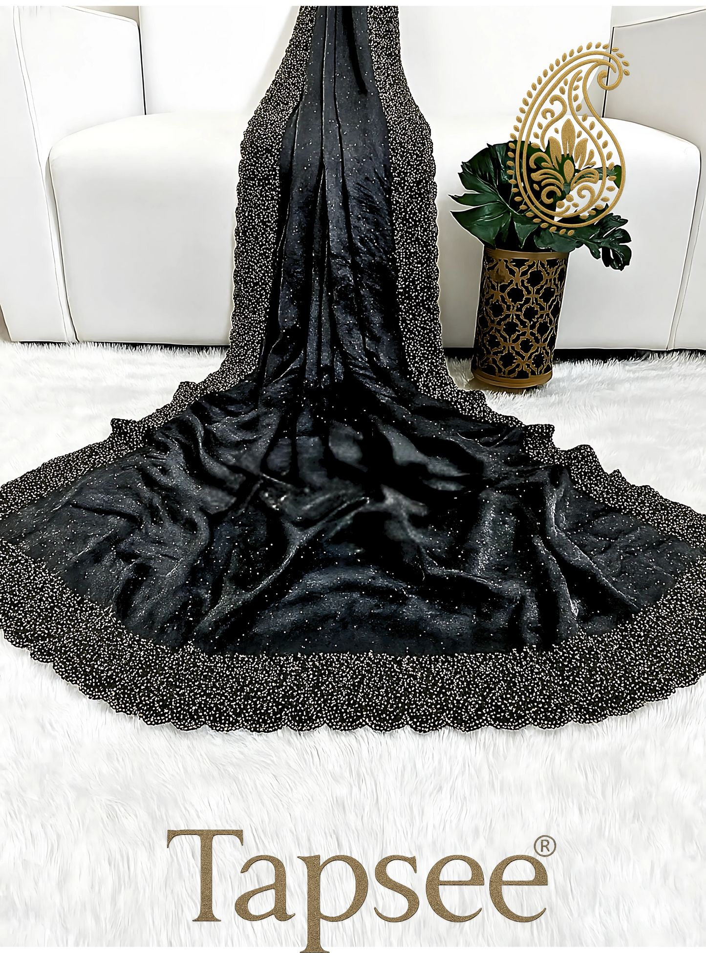 Black Fandy Silk Saree with Heavy Golden Beaded Border & Detailing | Tapsee® Exclusive
