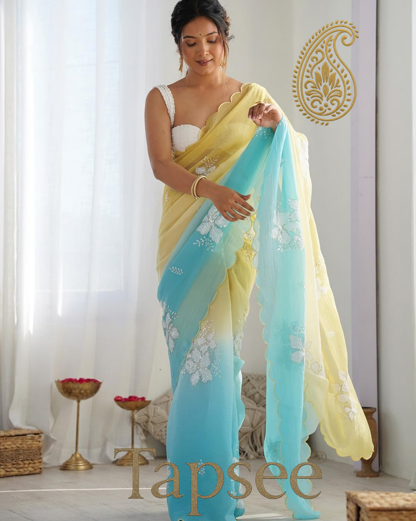 Yellow & Aqua Blue Ombre Saree with White Floral Sequin Work