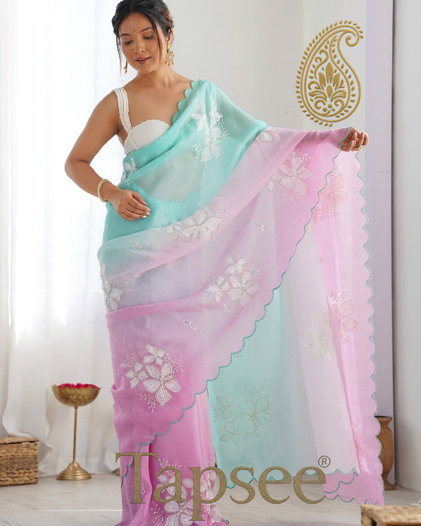 Ocean Mist Ombre Candy Crush Saree with White Floral Embroidery