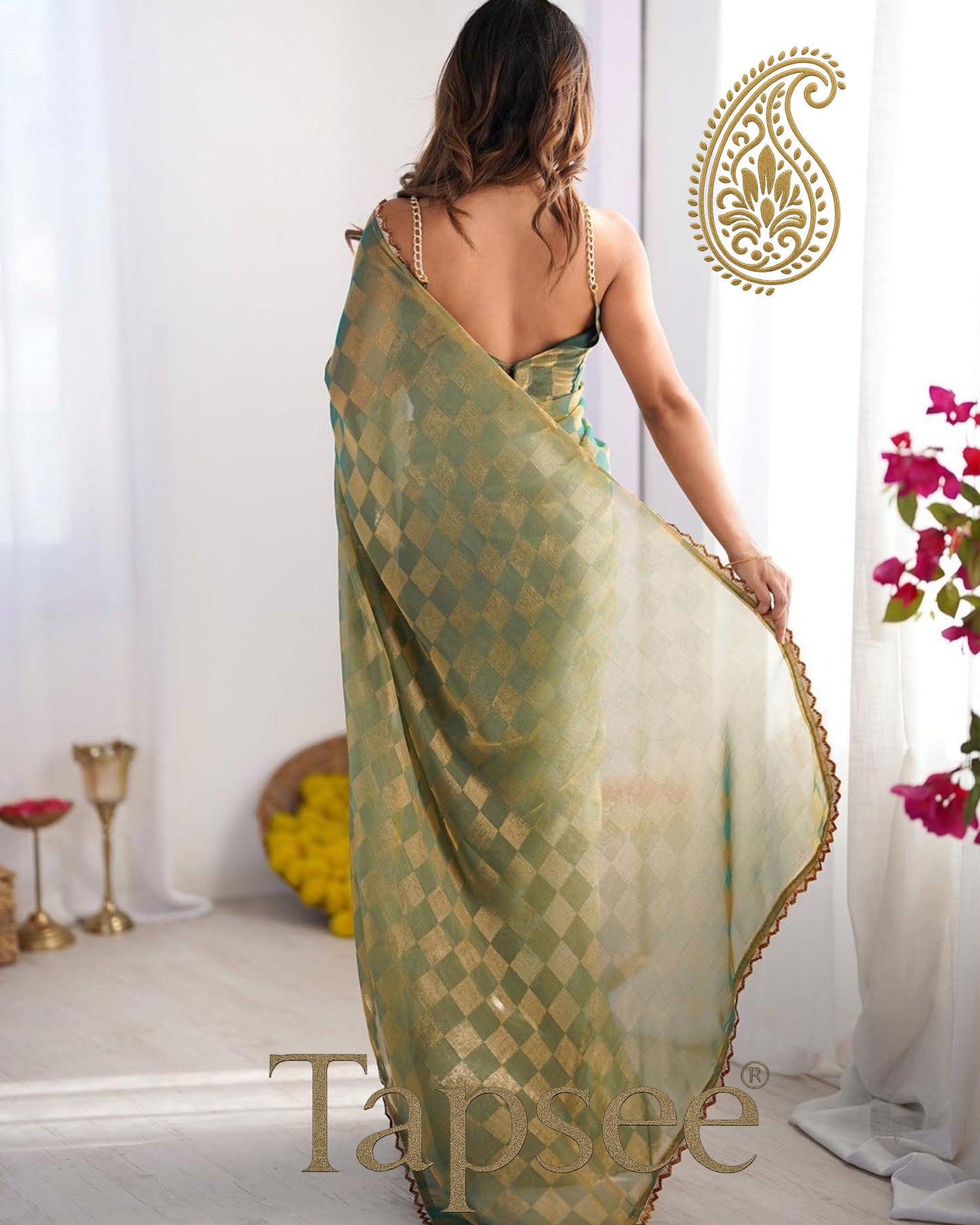 Emerald Gold Checks Jimmy Chho Embosh Saree