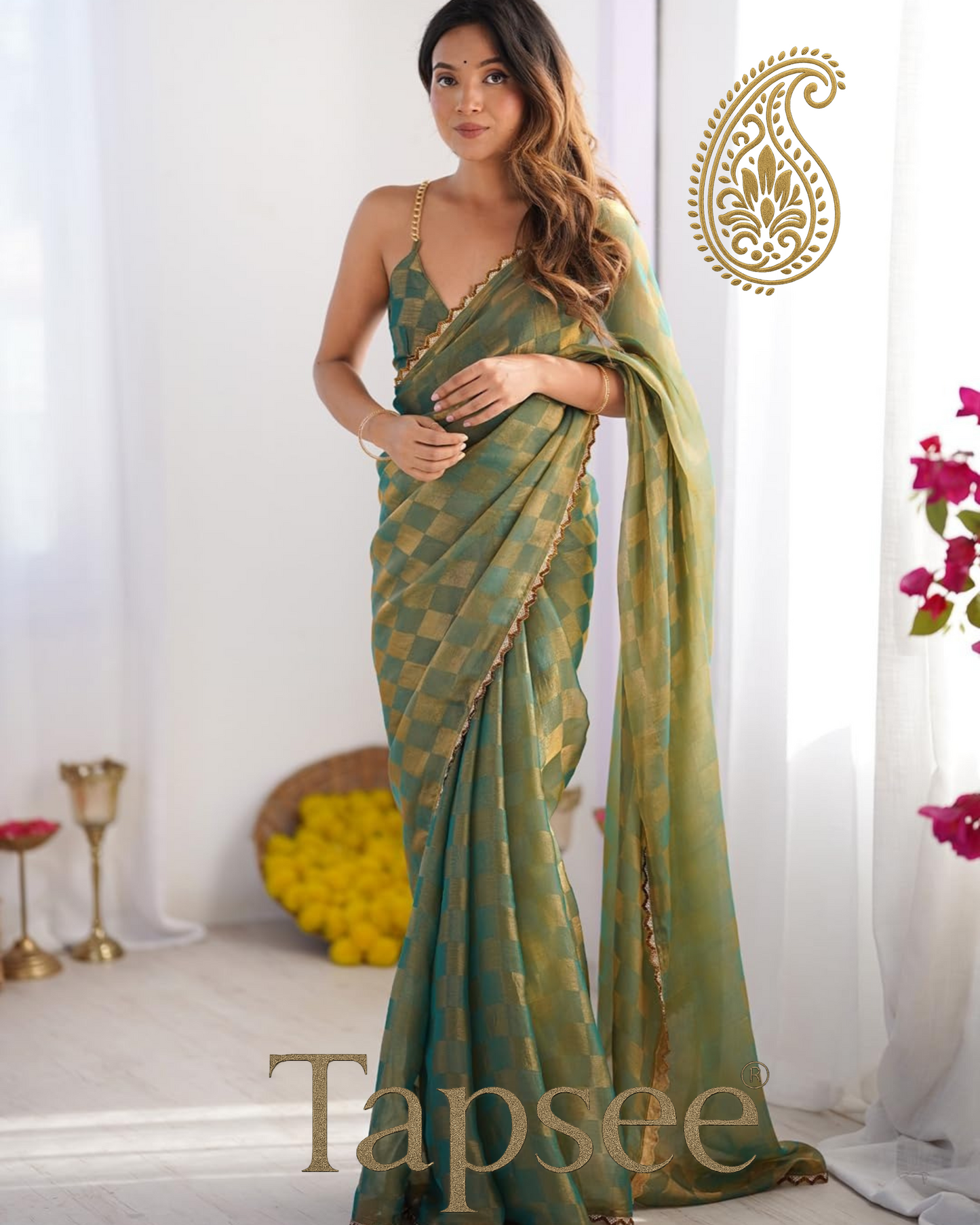 Emerald Gold Checks Jimmy Chho Embosh Saree