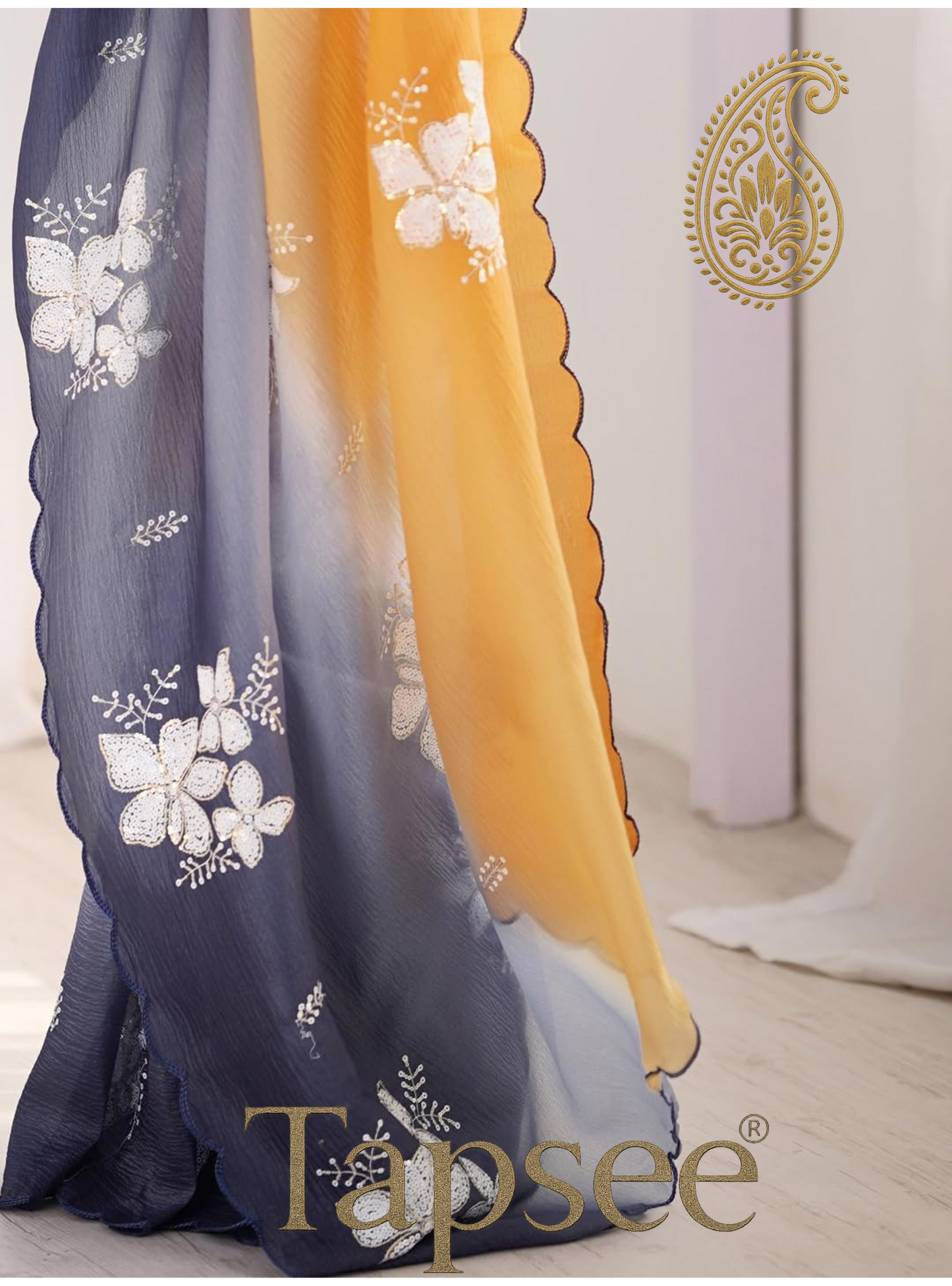 Mustard Yellow & Navy Blue Ombre Floral Embroidered Saree
