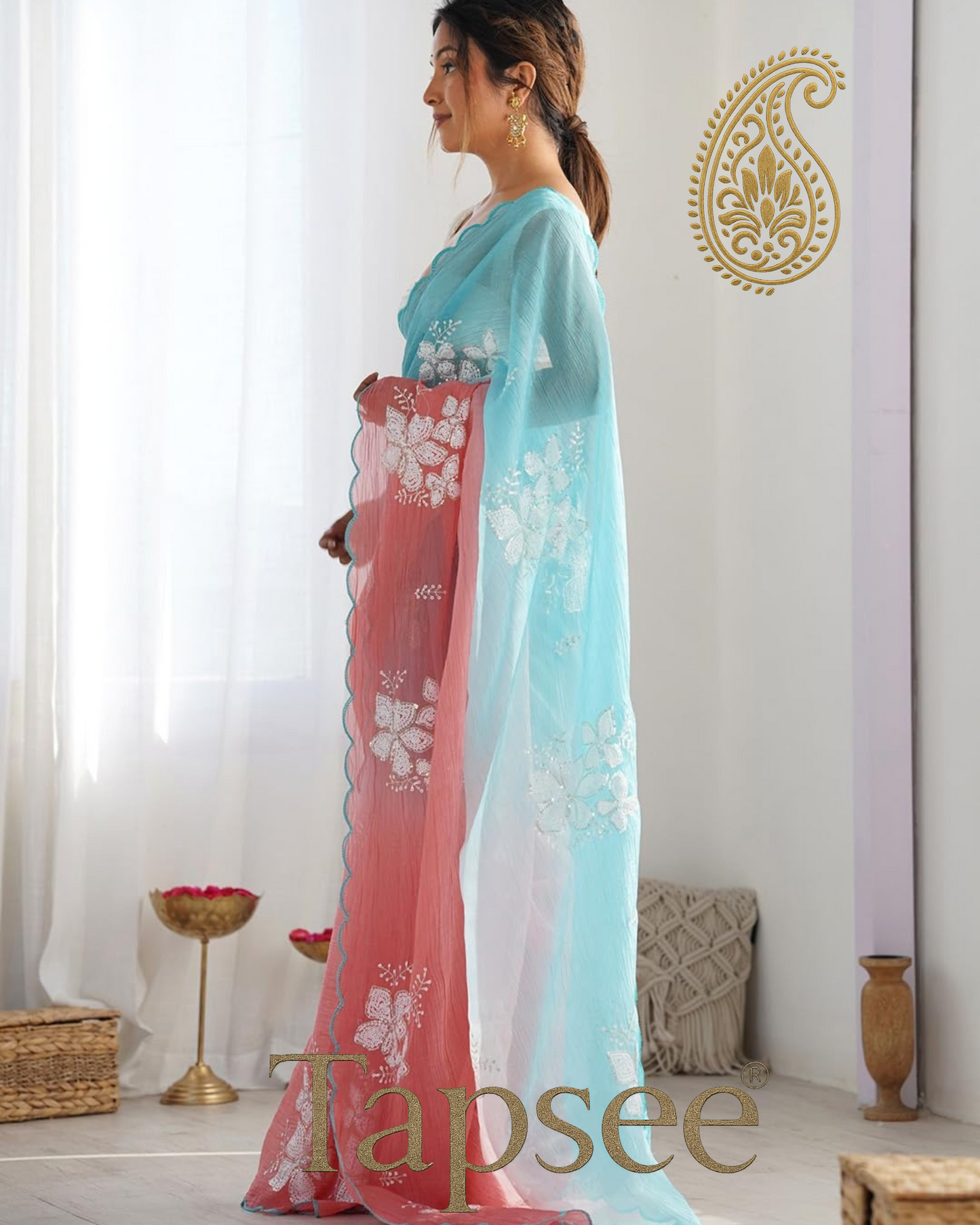 Aqua Blue & Coral Pink Ombre Saree with White Floral Sequin Work