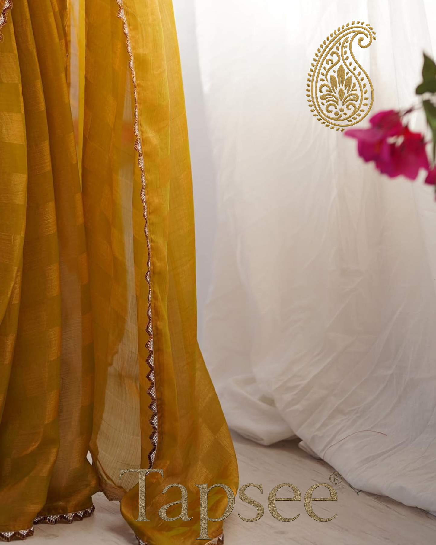 Mustard Gold Checks Jimmy Chho Embosh Saree