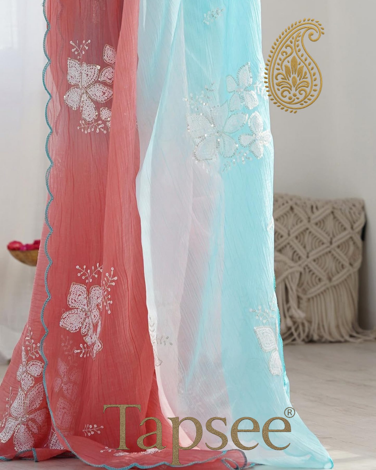 Aqua Blue & Coral Pink Ombre Saree with White Floral Sequin Work