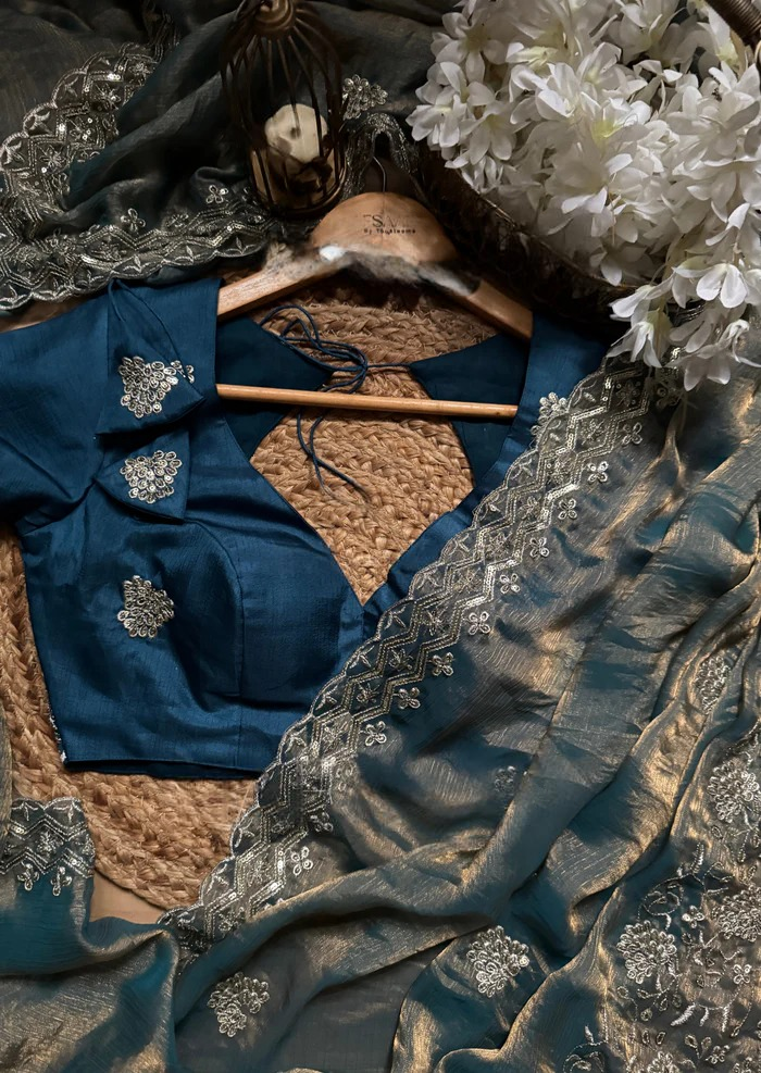 Teal Twilight Zari Embroidered Silk Saree with Designer Blouse
