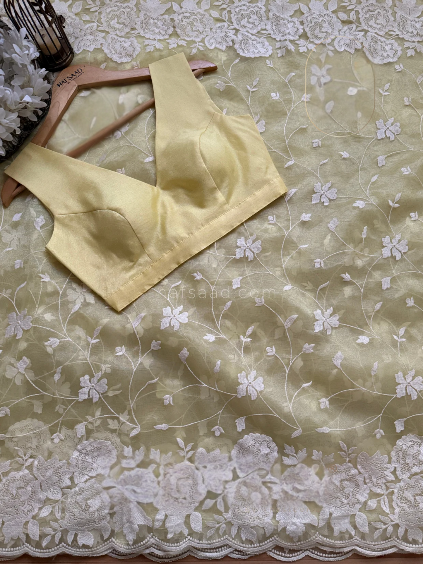 Lemon Blossom Organza Embroidered Saree