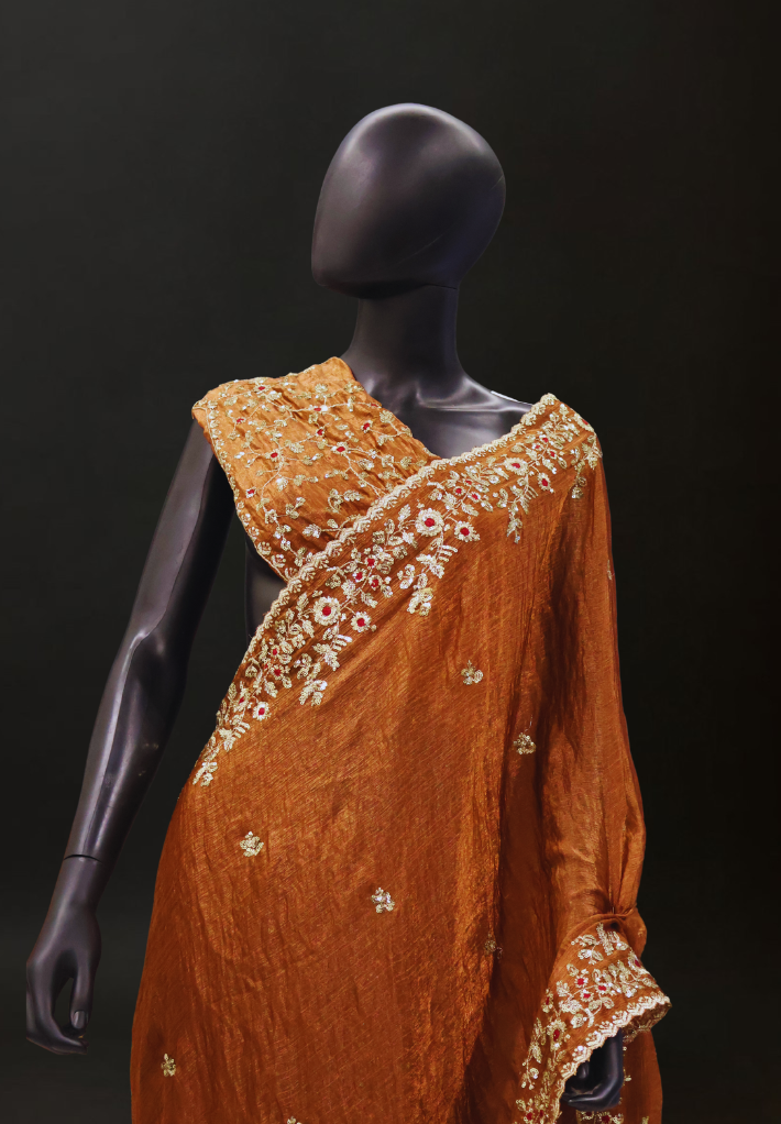 Festive Partywear Saree in Rust Brown with Heavy Embroidery