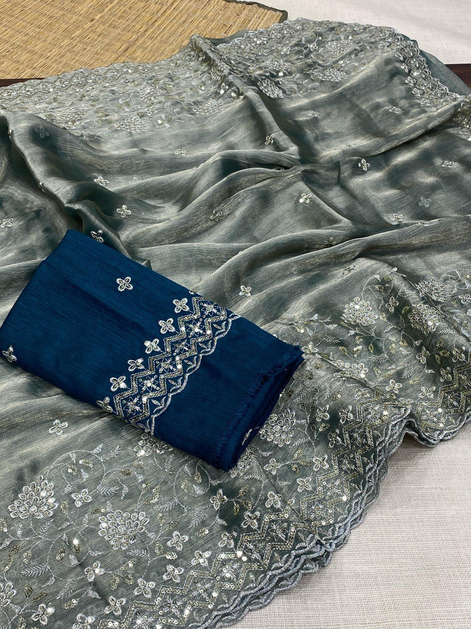 Teal Twilight Zari Embroidered Silk Saree with Designer Blouse