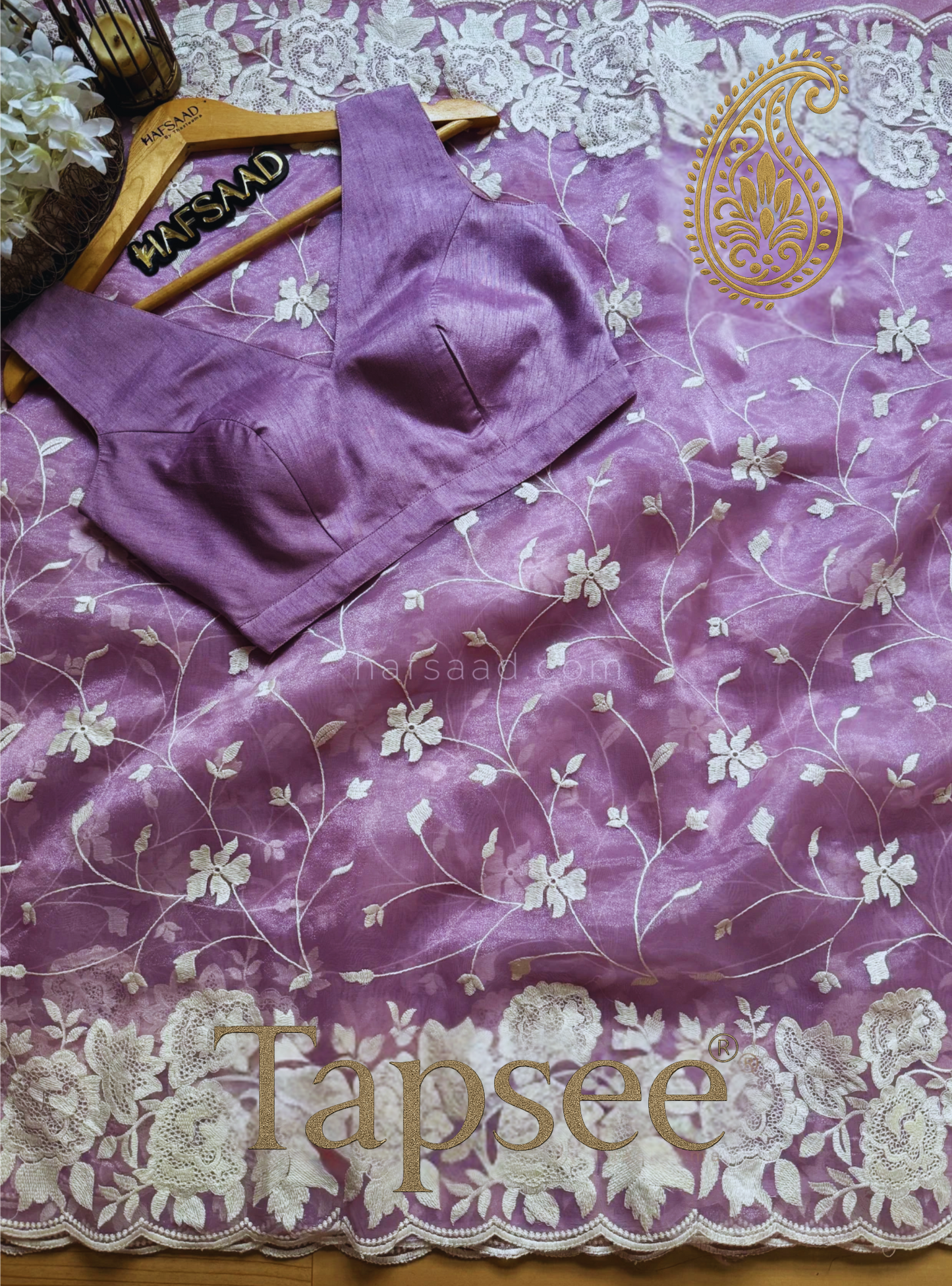 Lavender Orgenza Net Saree with Ivory Floral Embroidery & Matching Blouse | Tapsee® Exclusive