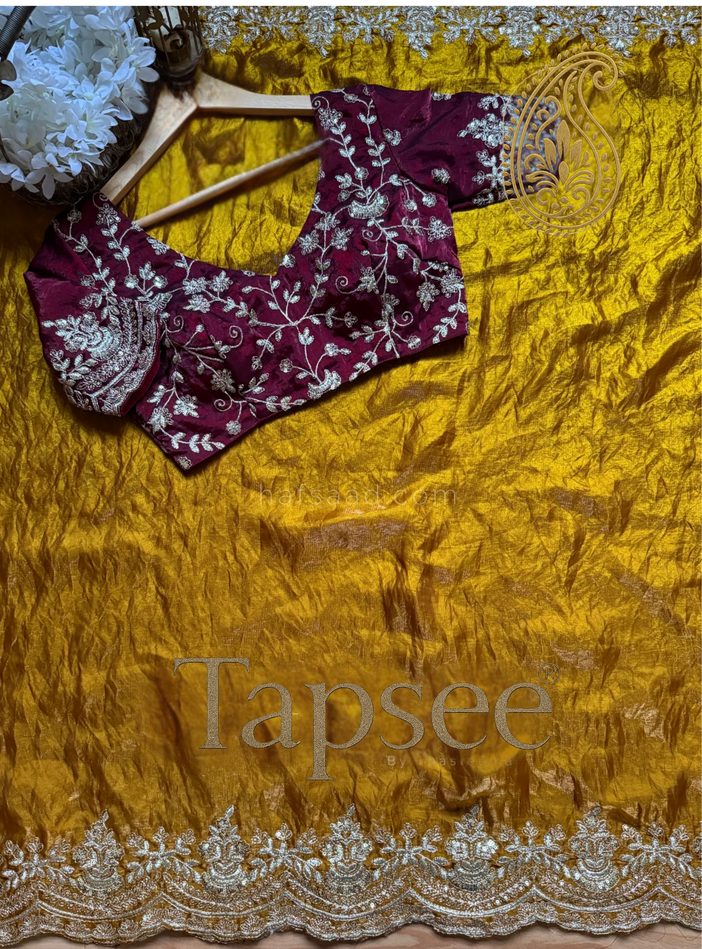 Golden Silk Saree with Maroon Embroidered Blouse | Wedding & Partywear