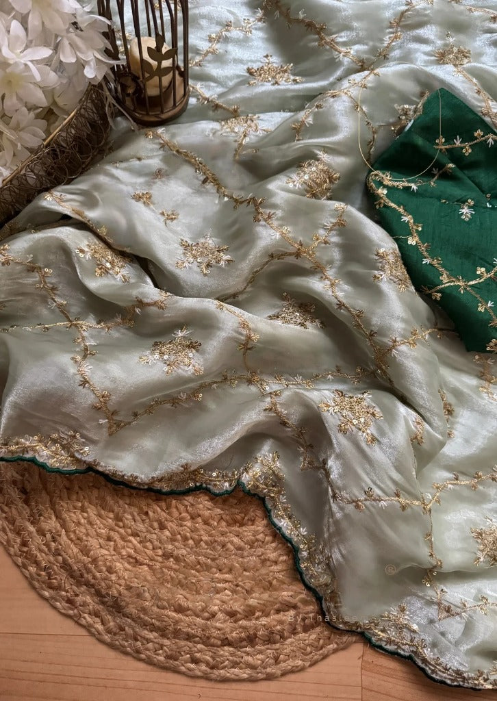 Emerald Bloom Jimmychho Saree with Golden Thread Embroidery