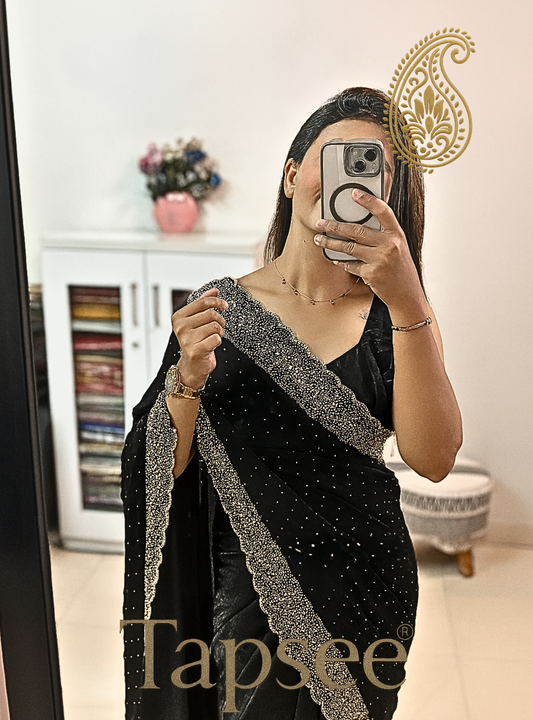 Black Fandy Silk Saree with Heavy Golden Beaded Border & Detailing | Tapsee® Exclusive