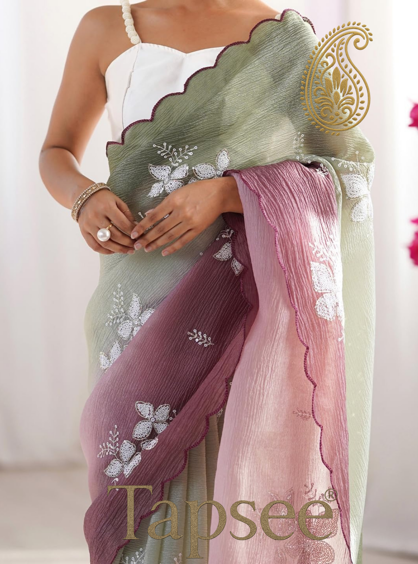 Sage Green & Mauve Ombre Floral Embroidered Saree