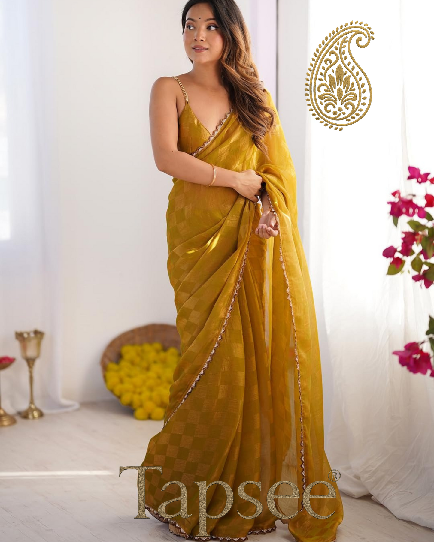 Mustard Gold Checks Jimmy Chho Embosh Saree