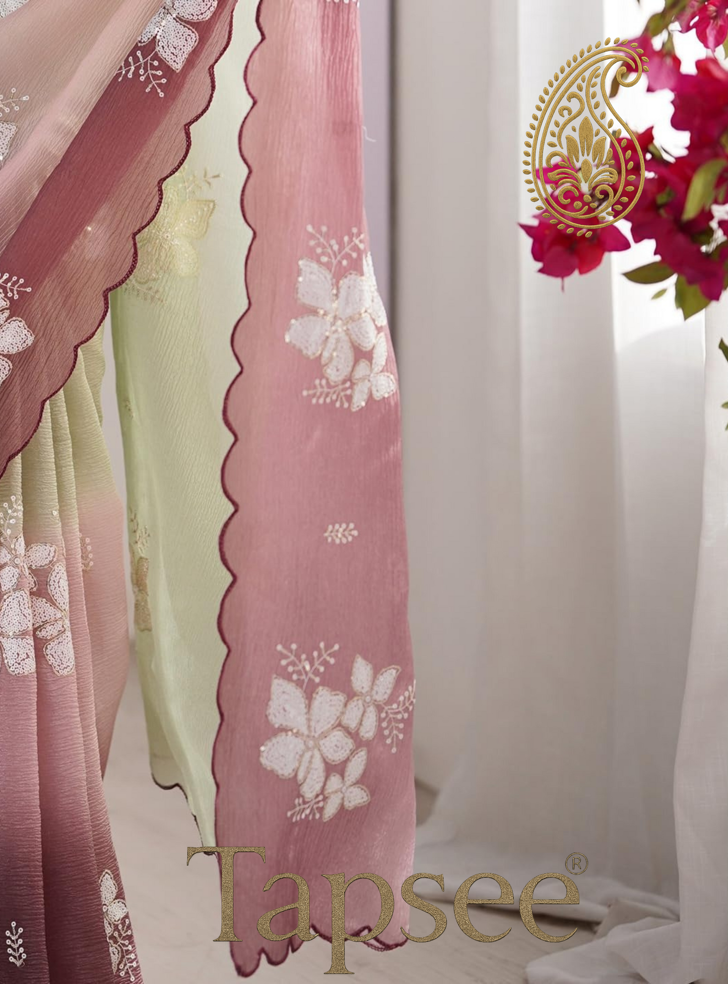 Sage Green & Mauve Ombre Floral Embroidered Saree