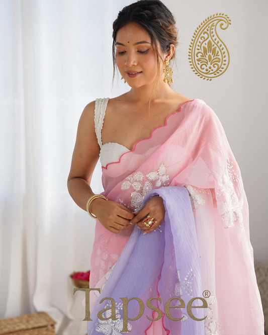 Baby Pink & Lavender Ombre Saree with White Floral Sequin Work
