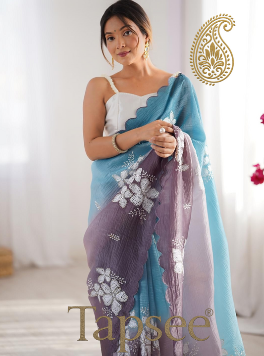 Sky Blue & Lavender Ombre Floral Embroidered Saree