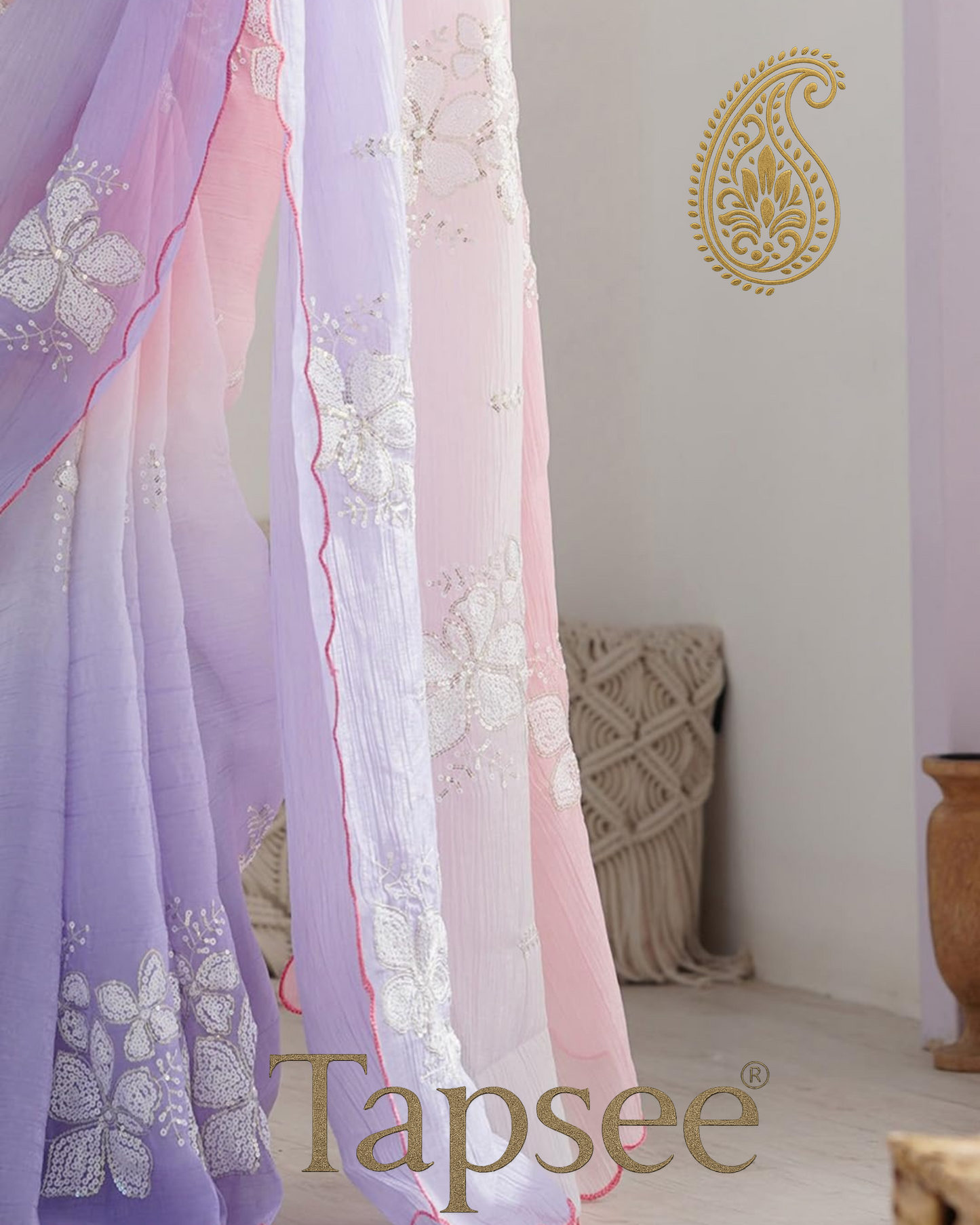 Baby Pink & Lavender Ombre Saree with White Floral Sequin Work