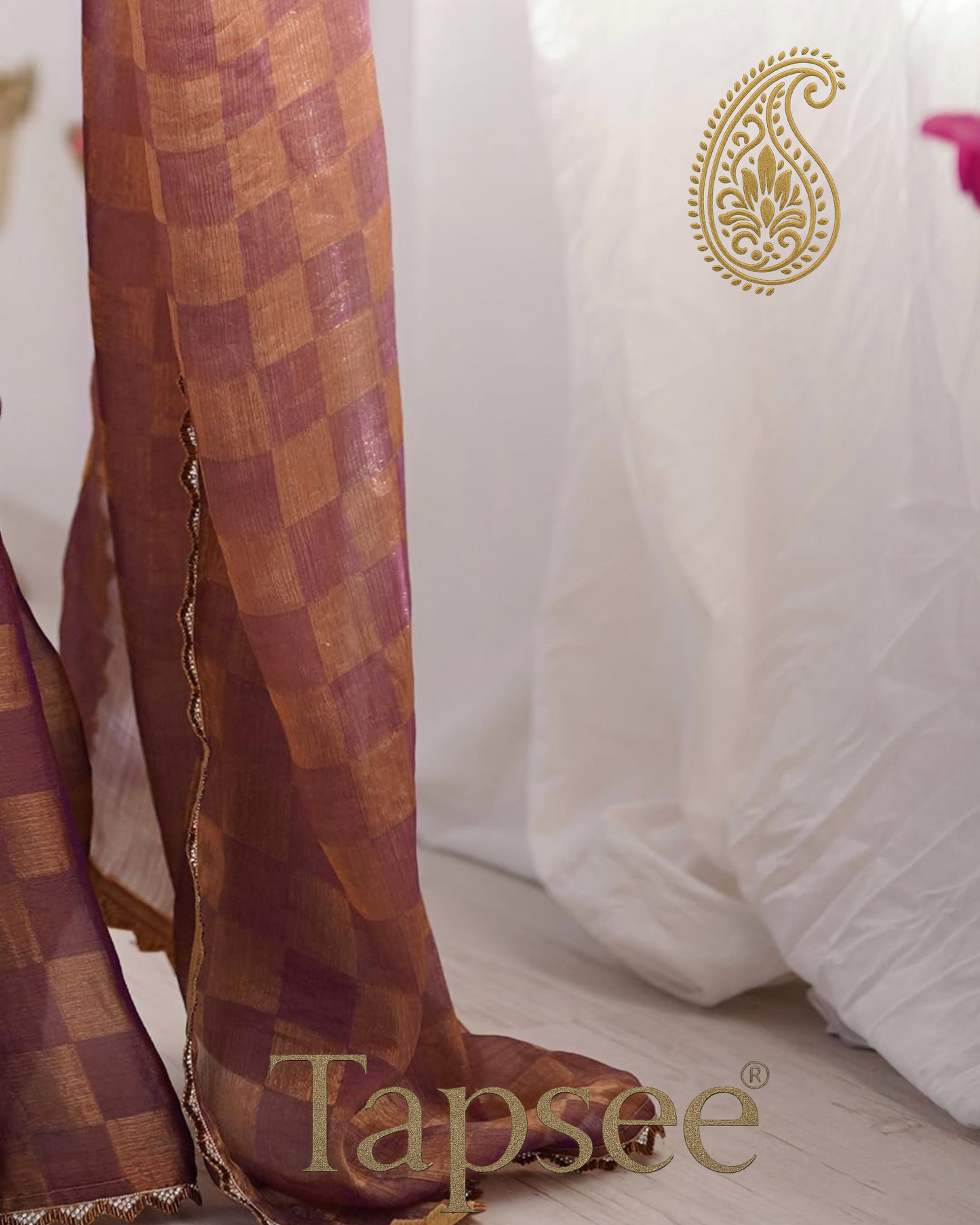 Plum Gold Checks Jimmy Chho Embosh Saree