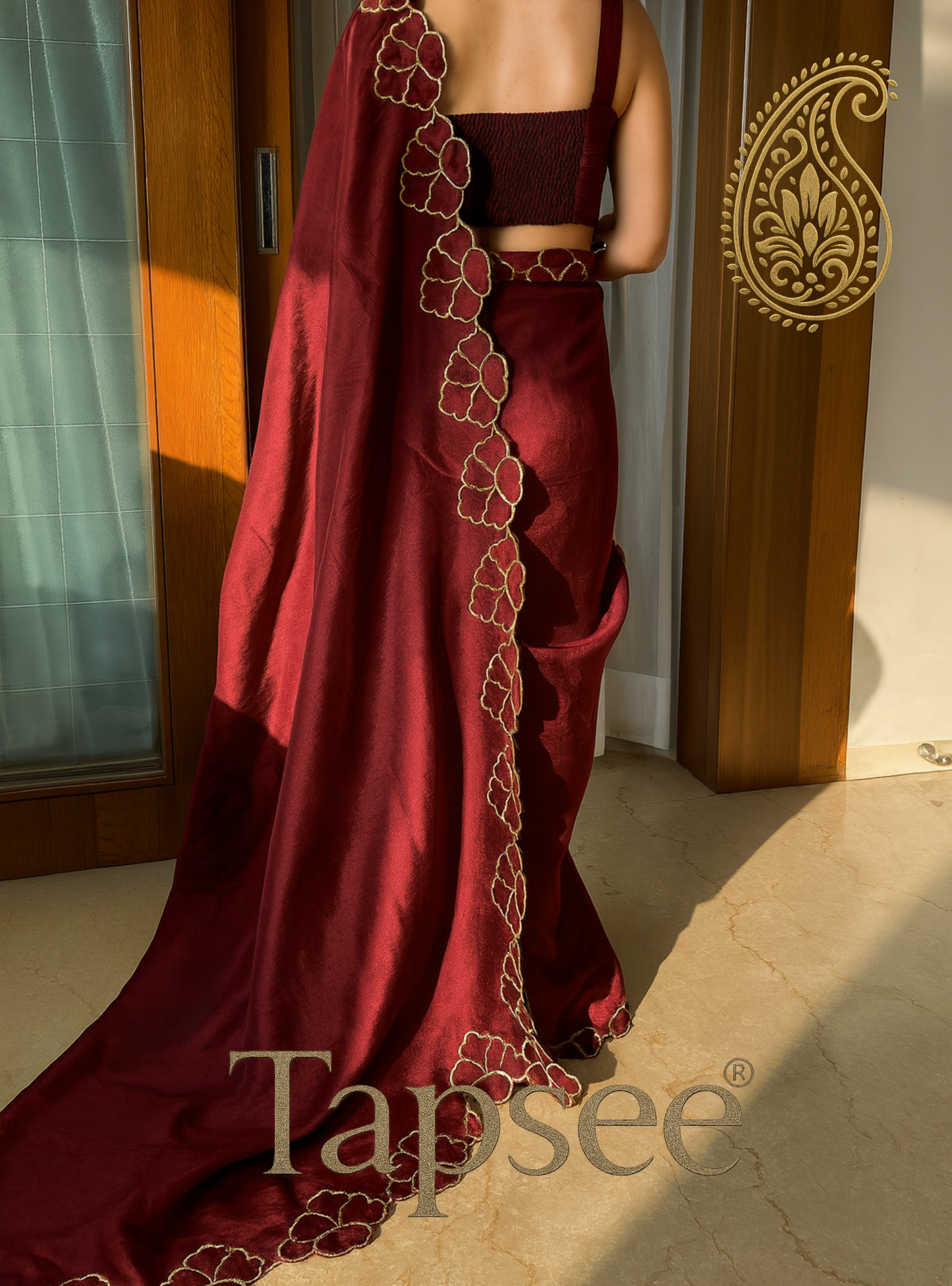 Wine Red Jimmychho Silk Saree
