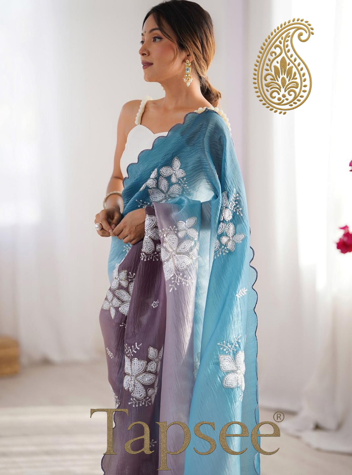 Sky Blue & Lavender Ombre Floral Embroidered Saree