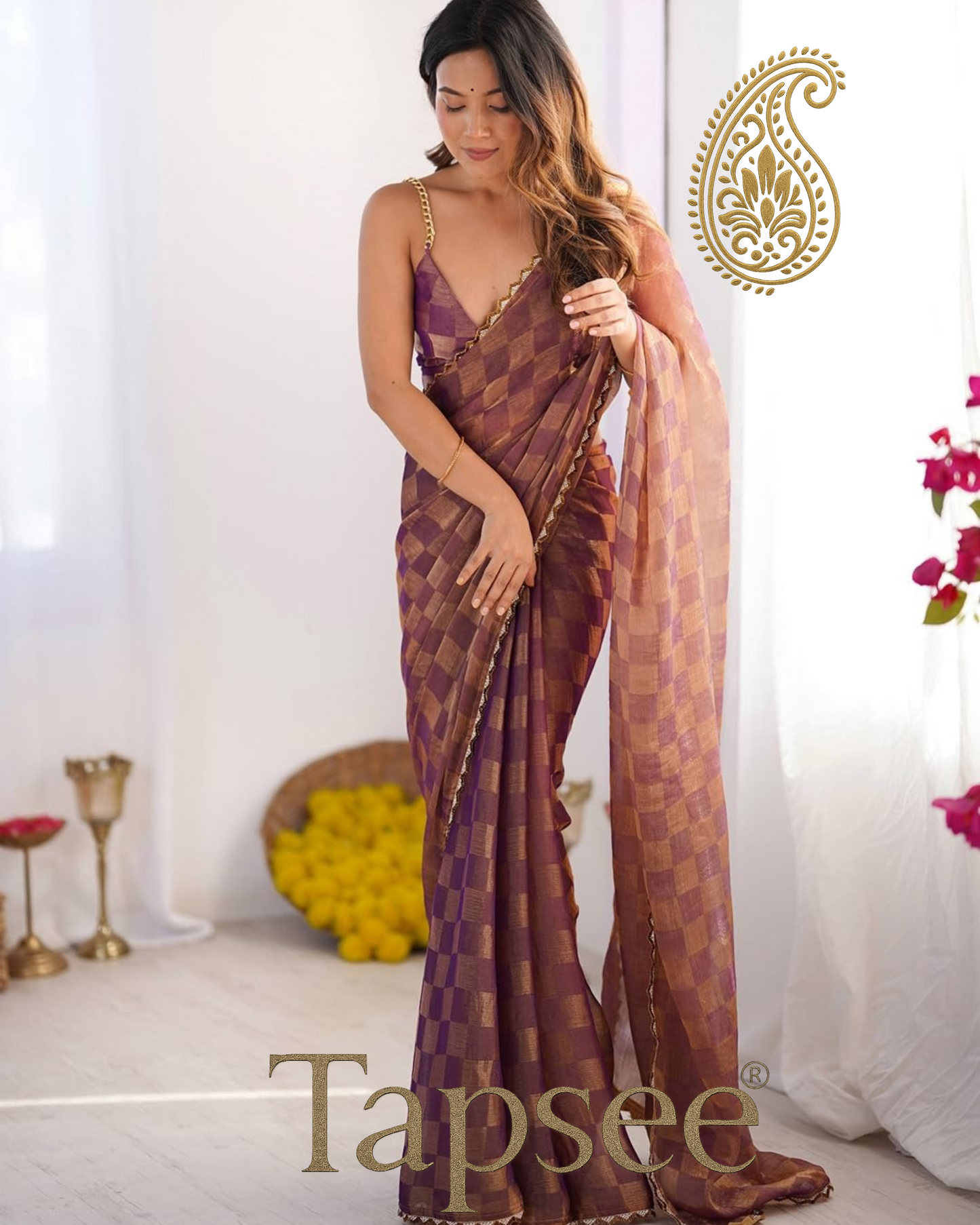 Plum Gold Checks Jimmy Chho Embosh Saree