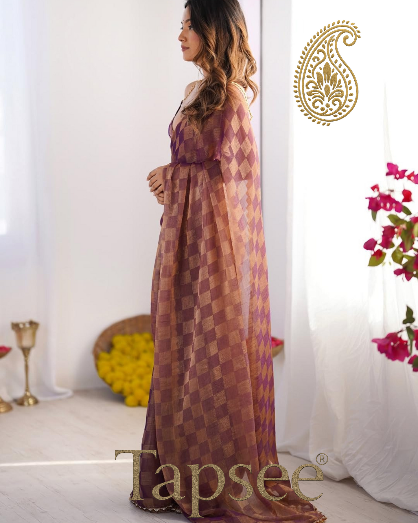 Plum Gold Checks Jimmy Chho Embosh Saree