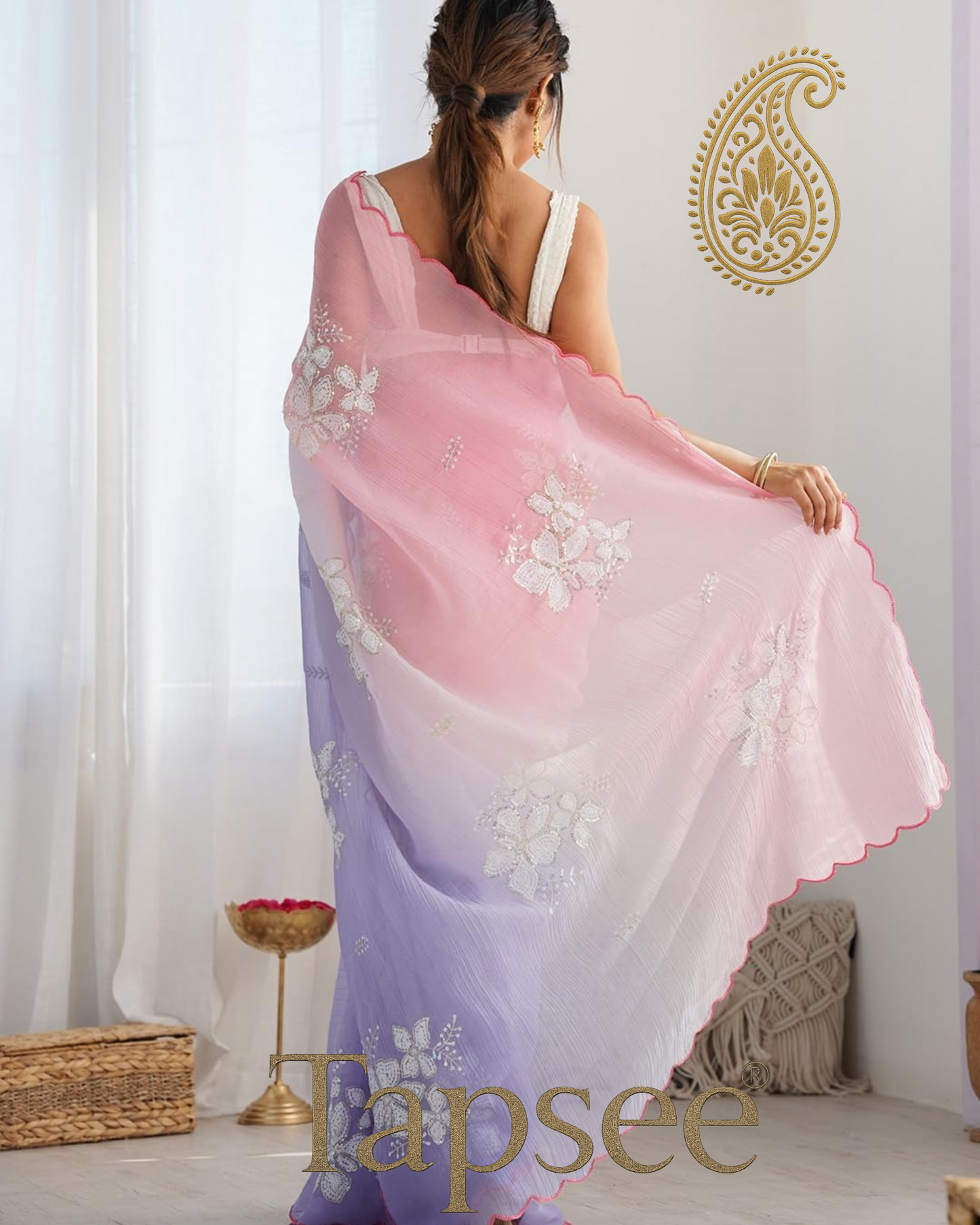 Baby Pink & Lavender Ombre Saree with White Floral Sequin Work