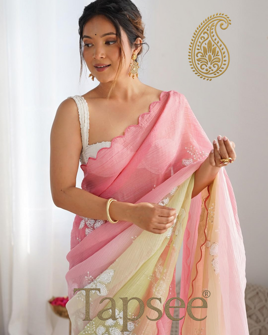 Pink & Pastel Green Ombre Saree with White Floral Sequin Work