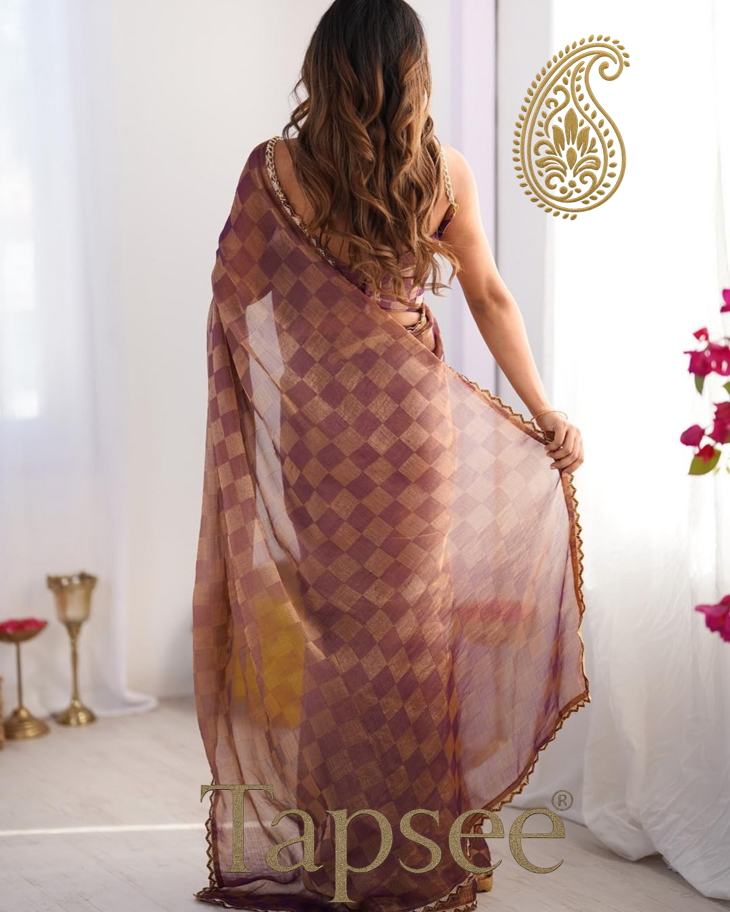 Plum Gold Checks Jimmy Chho Embosh Saree