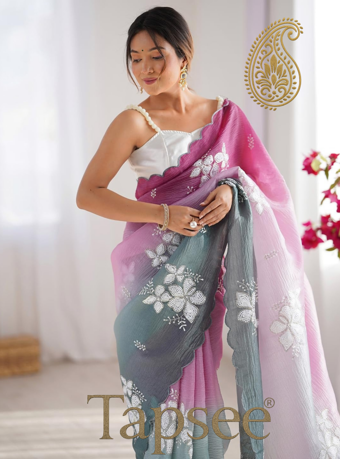 Pink & Teal Ombre Floral Embroidered Saree