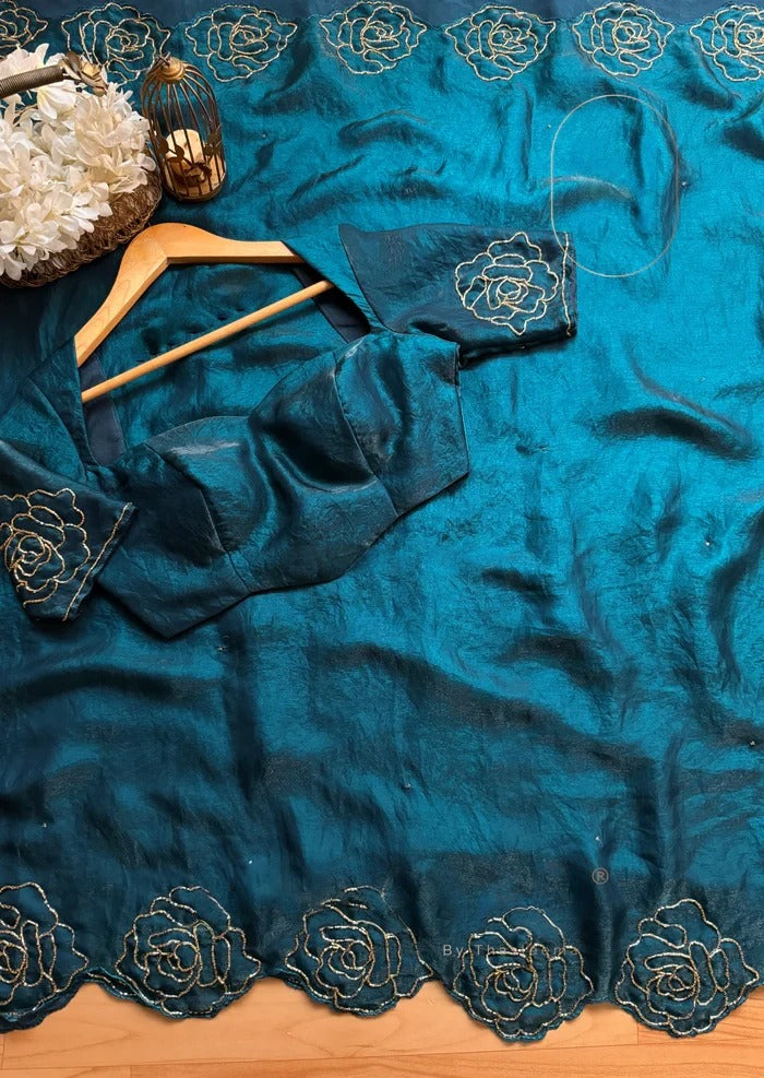 Midnight Rose Embroidered Teal Fandy Silk Saree with Designer Blouse