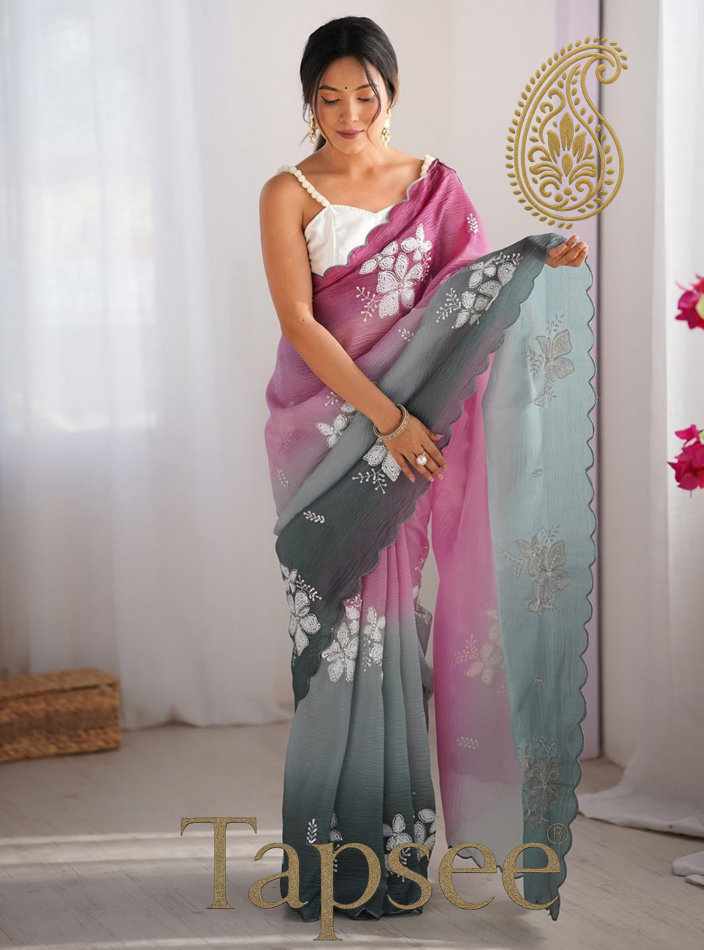 Pink & Teal Ombre Floral Embroidered Saree
