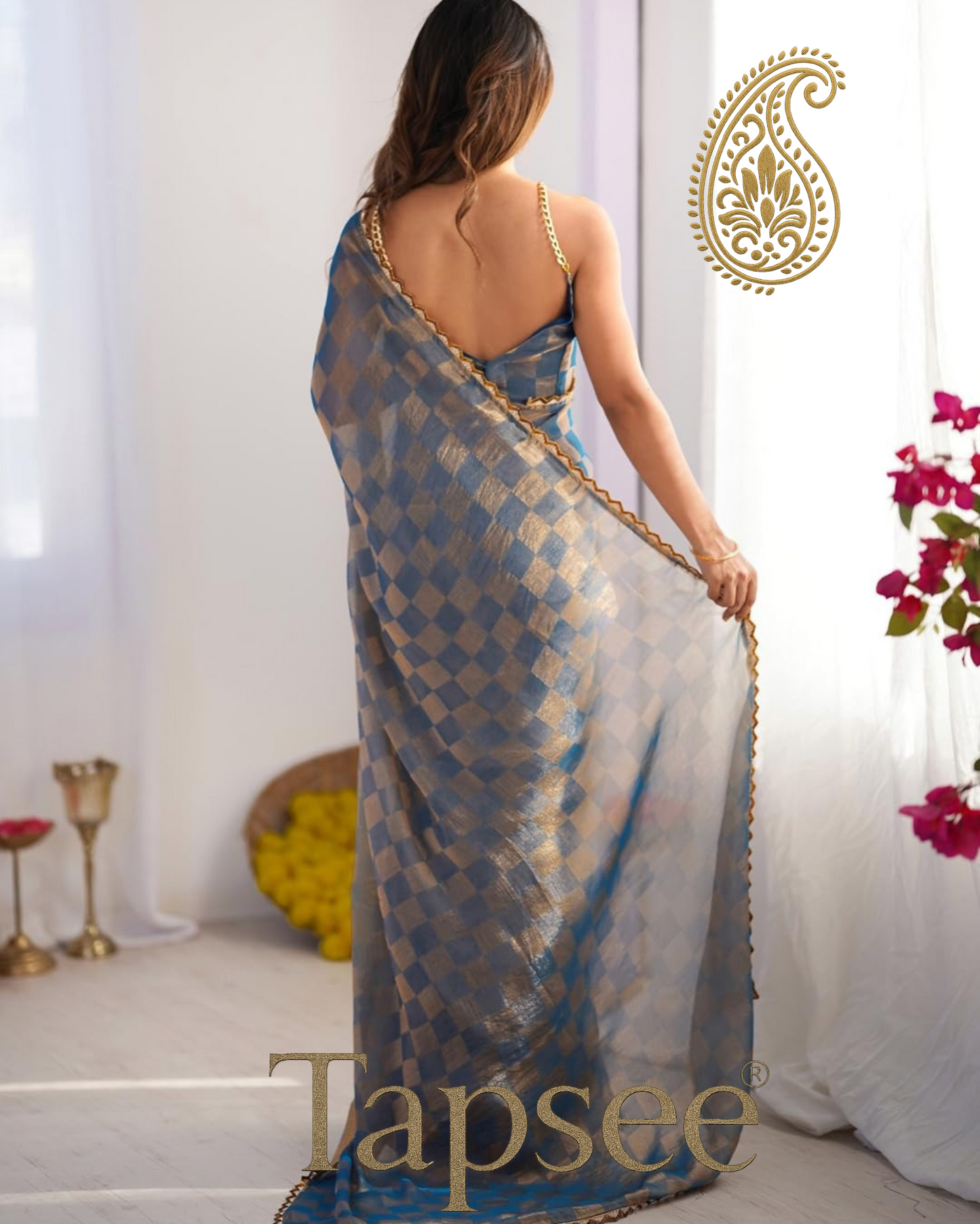 Sapphire Gold Checks Jimmy Chho Embosh Saree